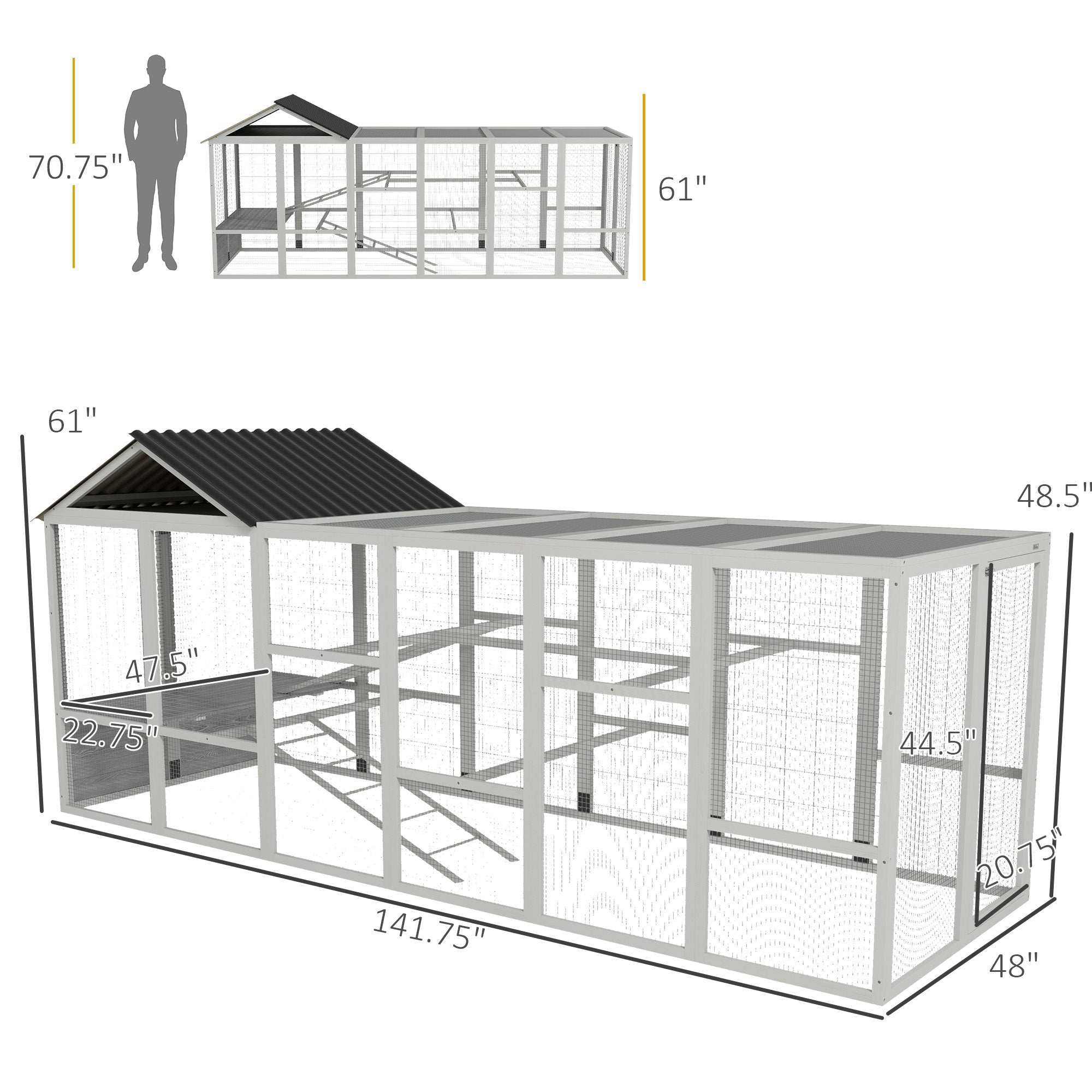 Wooden Chicken Coop Run for 6 - 10 Chickens, Hen House Add-On with Storage, Perches, 141.75" x 48" x 61", Gray - Gray - Image 3