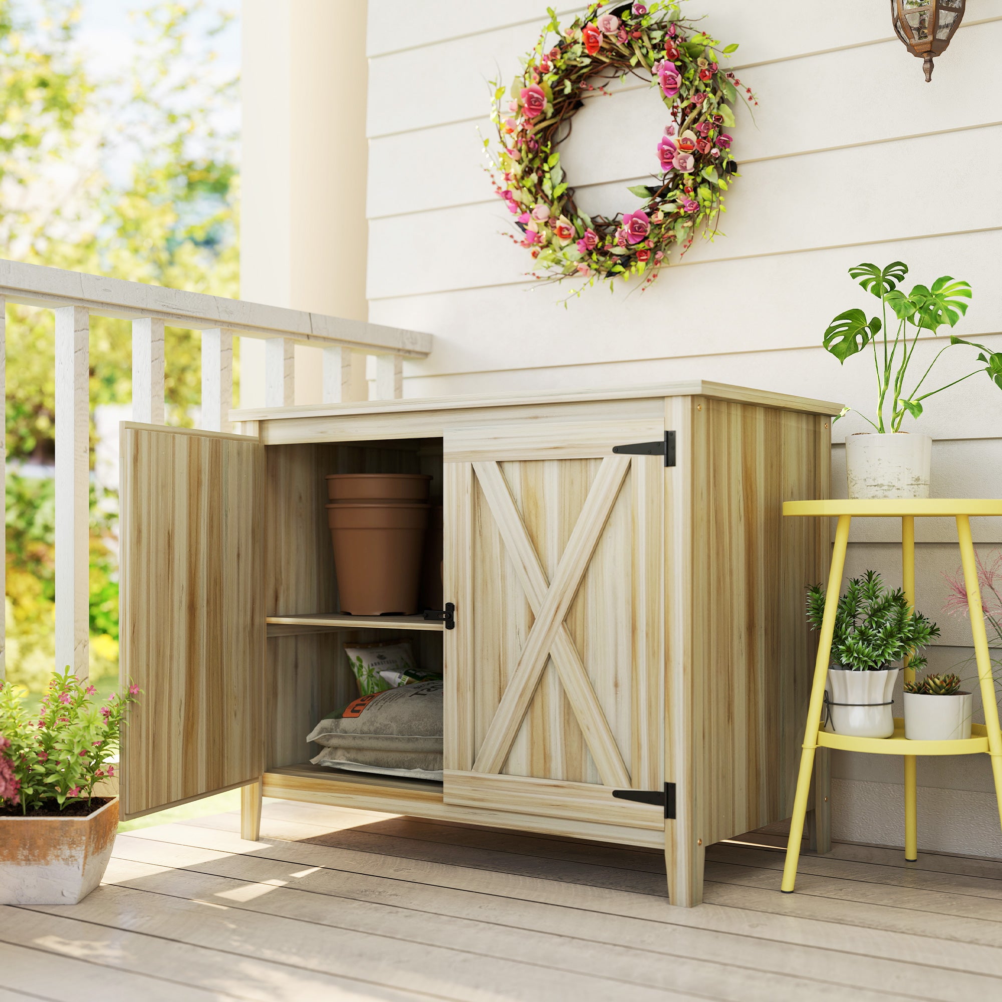 Wooden Outdoor Storage Cabinet, Garden Shed Potting Shed with Shelf and Double Doors, Natural Wood - Natural Wood - Image 2