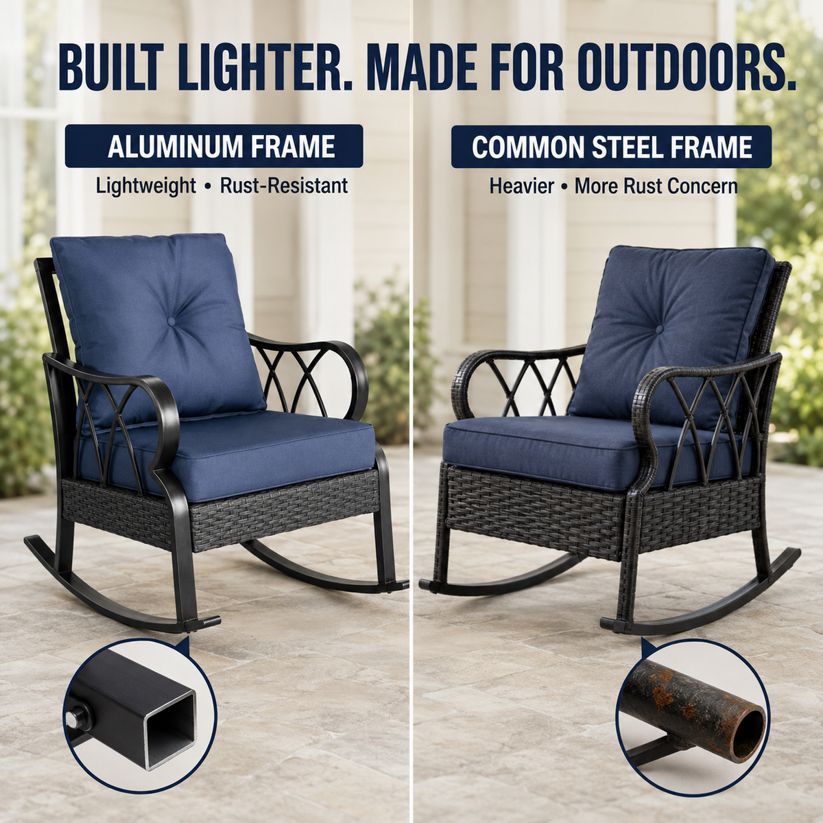 2 Piece Outdoor Wicker Rocking Chairs Rattan Porch Rockers with Cushions, Aluminum Frame for Garden, Patio, Blue