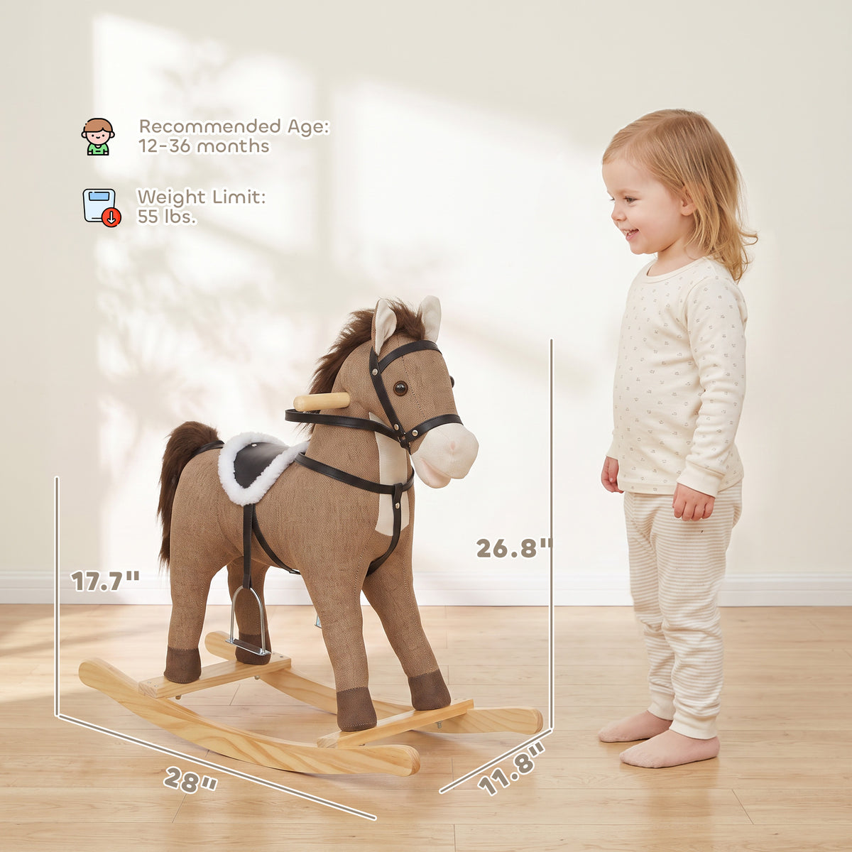 Rocking Horse, Back and Forth Rocking, Ride on Horse Toy with Sound Effects, for 12-36 Months Toddlers, Dark Brown