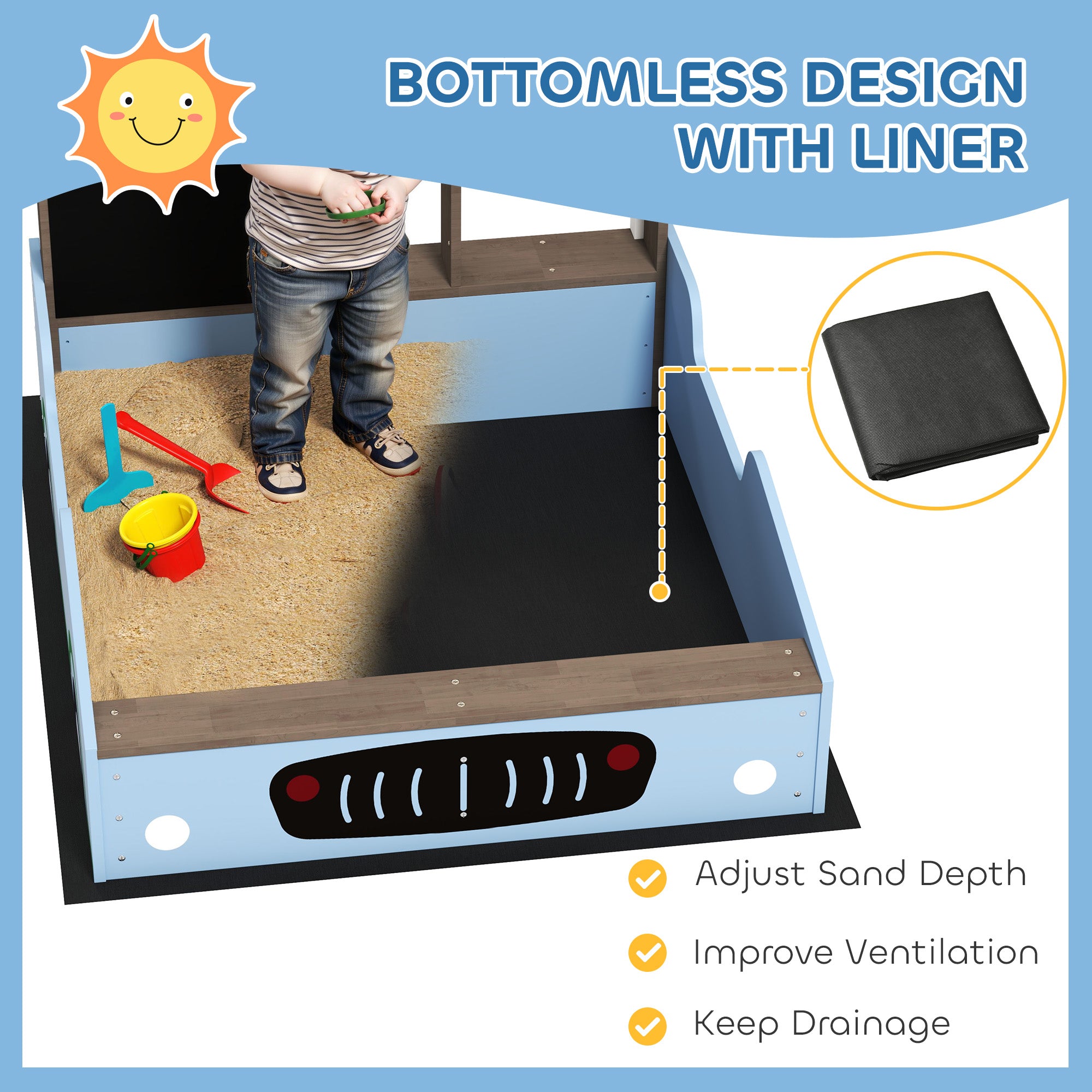 Kids Wooden Sandbox with Canopy with Bench Seats, Bottom Liner, Drawing Board, Planting Boxes for Backyard, Garden, Blue