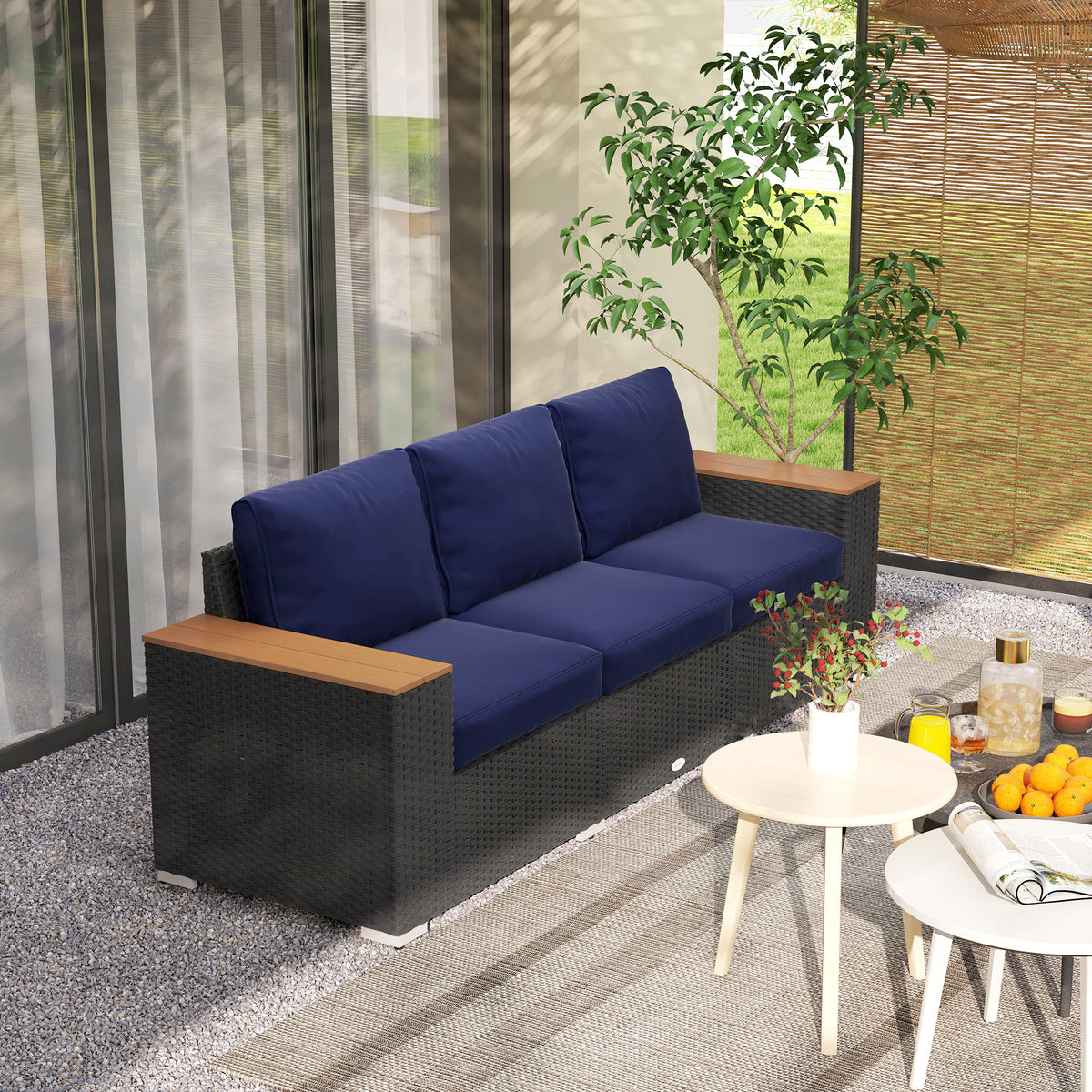 3-Seat Outdoor Patio Sofa, PE Wicker Outdoor Couch with Extra Wide Deep Seat, Wide Armrests 4" Cushions, Navy Blue