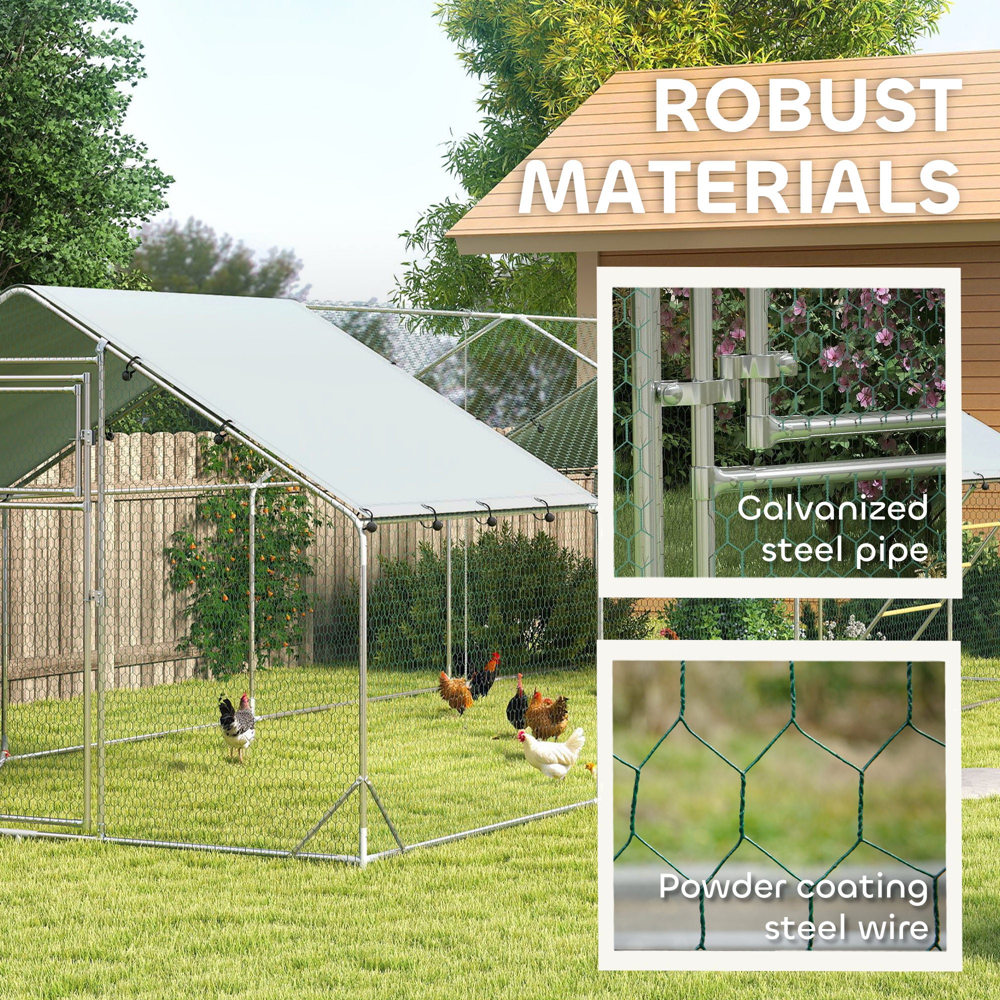 Metal Chicken Run w/ Waterproof & Anti-UV Cover, Feeding Door, Hanging Feeder, for 24-30 Chickens, 9.8' x 26.2' x 6.4' - Silver - Image 6