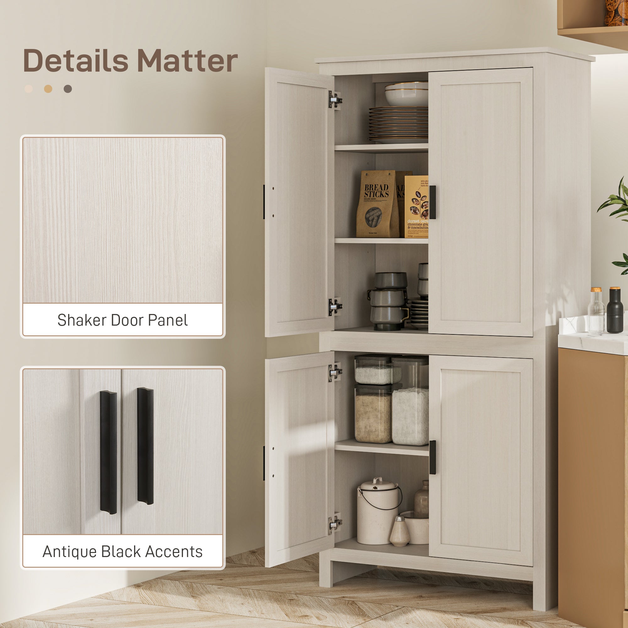64" 4-Door Kitchen Pantry, Freestanding Storage Cabinet with 3 Adjustable Shelves for Kitchen, Antique White
