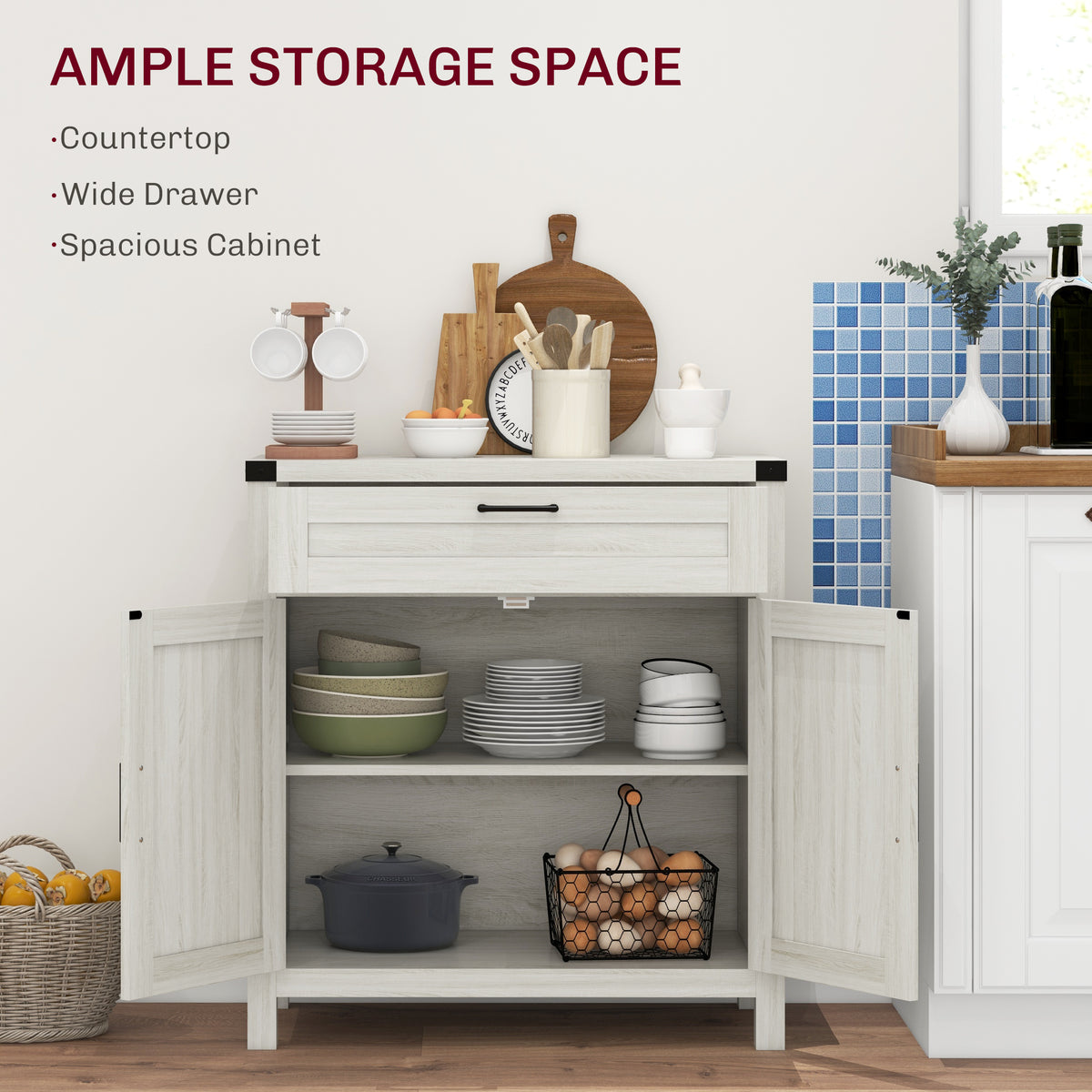 Modern Farmhouse Sideboard with Storage, Buffet Cabinet with 2 Barn Doors and Drawer for Dining Room, White Oak