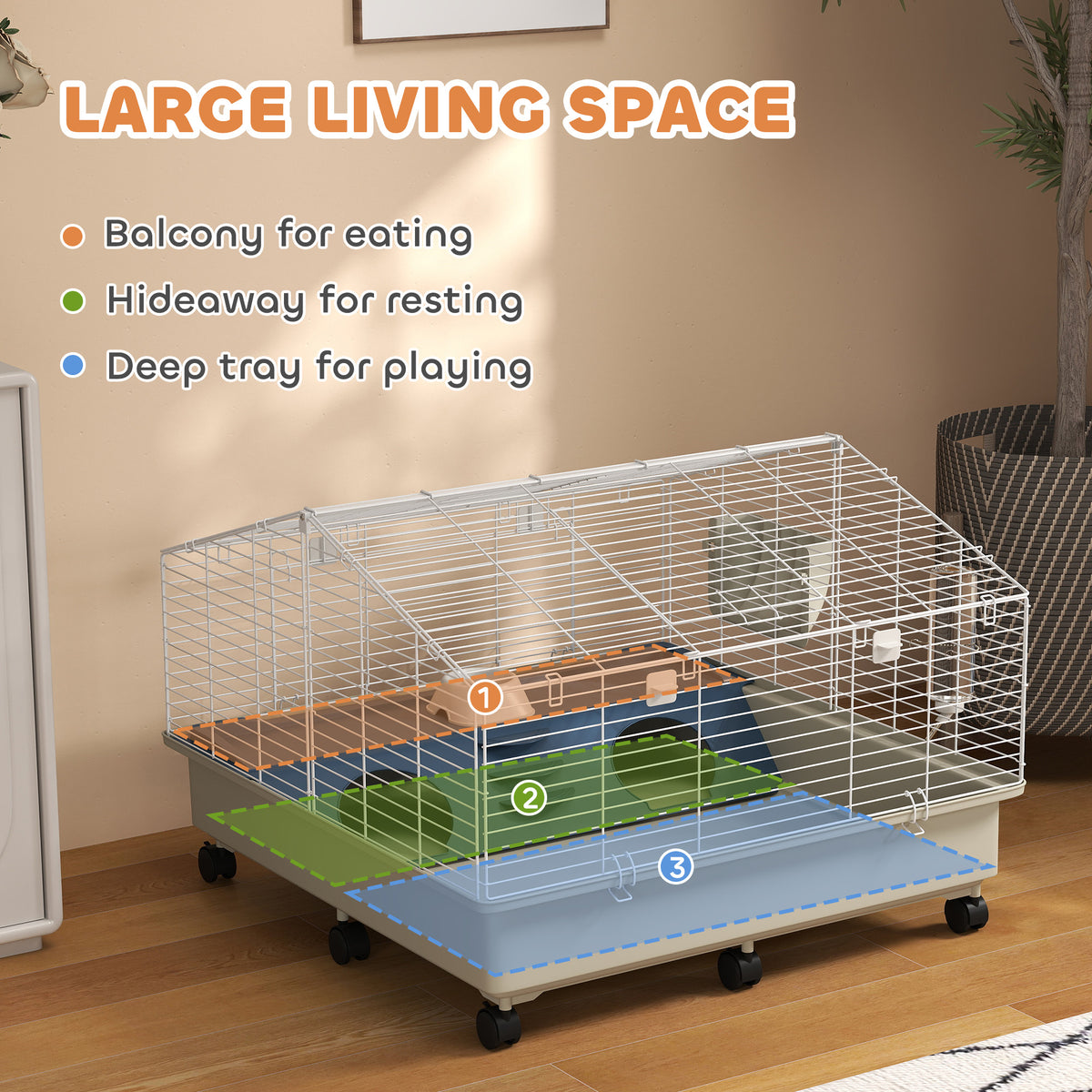 Rolling Small Animal Cage with Water Bottle, Hay Feeder, Food Dish for Rabbits, Hedgehogs, Guinea Pigs, 35" x 35" x 25"