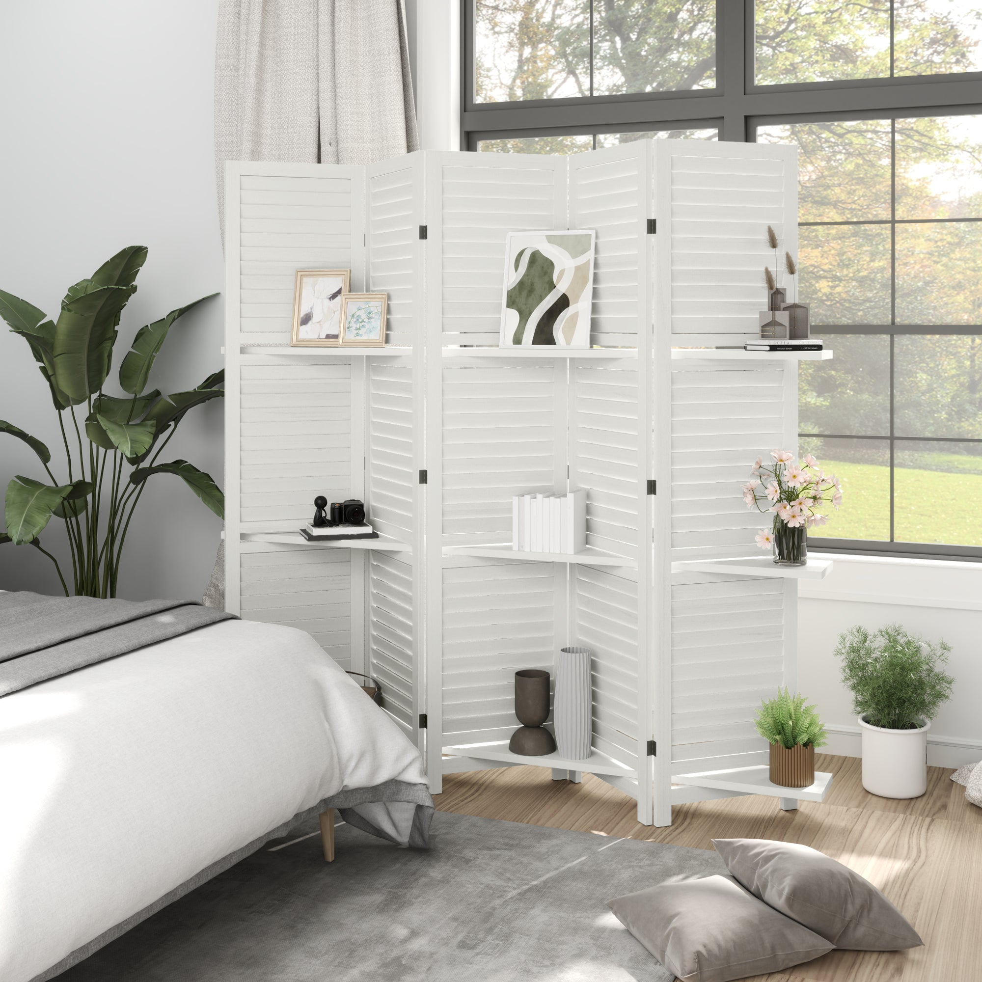 5 Panel 67" Tall Wood Privacy Screen Room Divider with 3 Shelves and Folding Storage for Bedroom, White