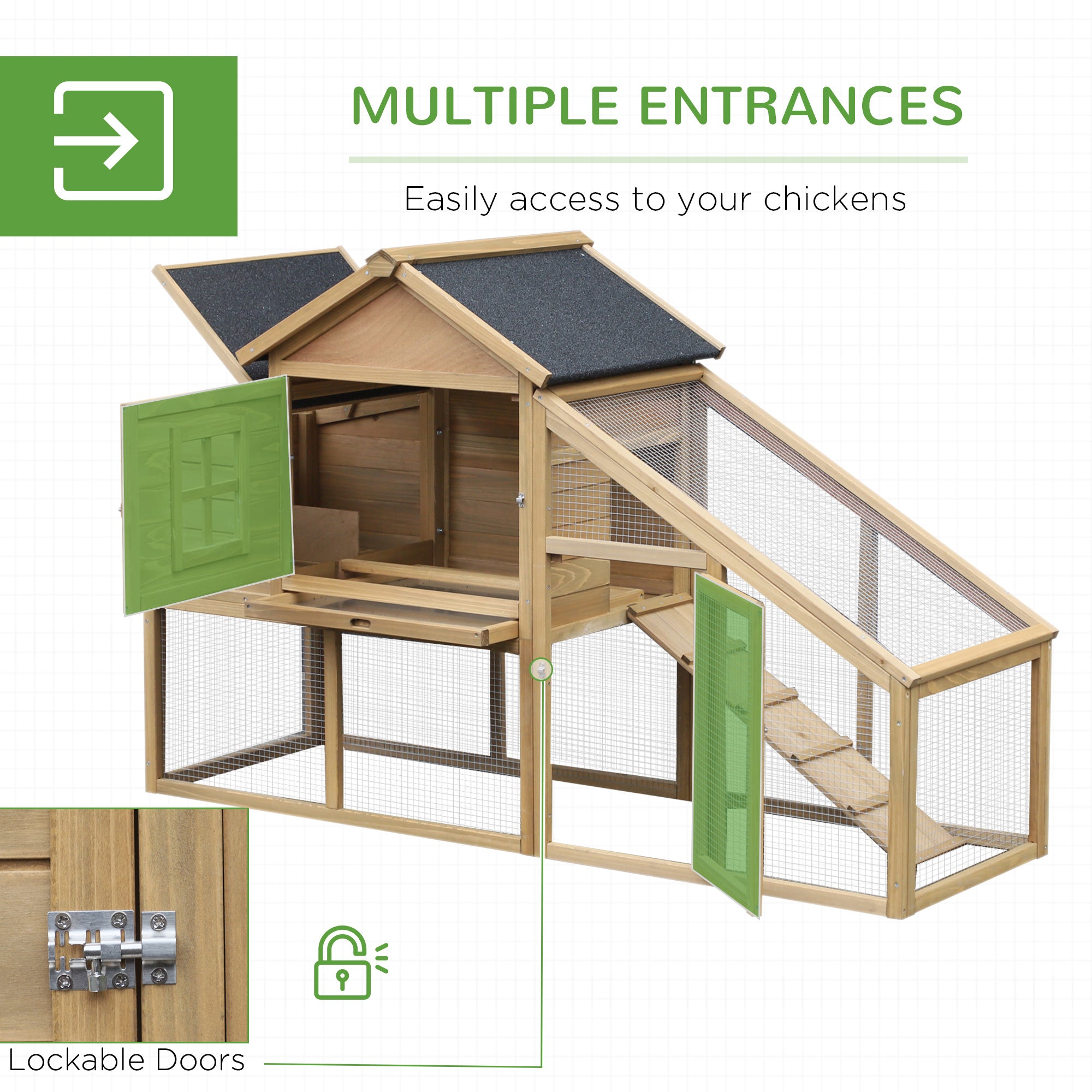 69" Wooden Chicken Coop, Poultry Cage Hen House with Connecting Ramp, Removable Tray, Ventilated Window and Nesting Box, Natural - Natural Wood - Image 5