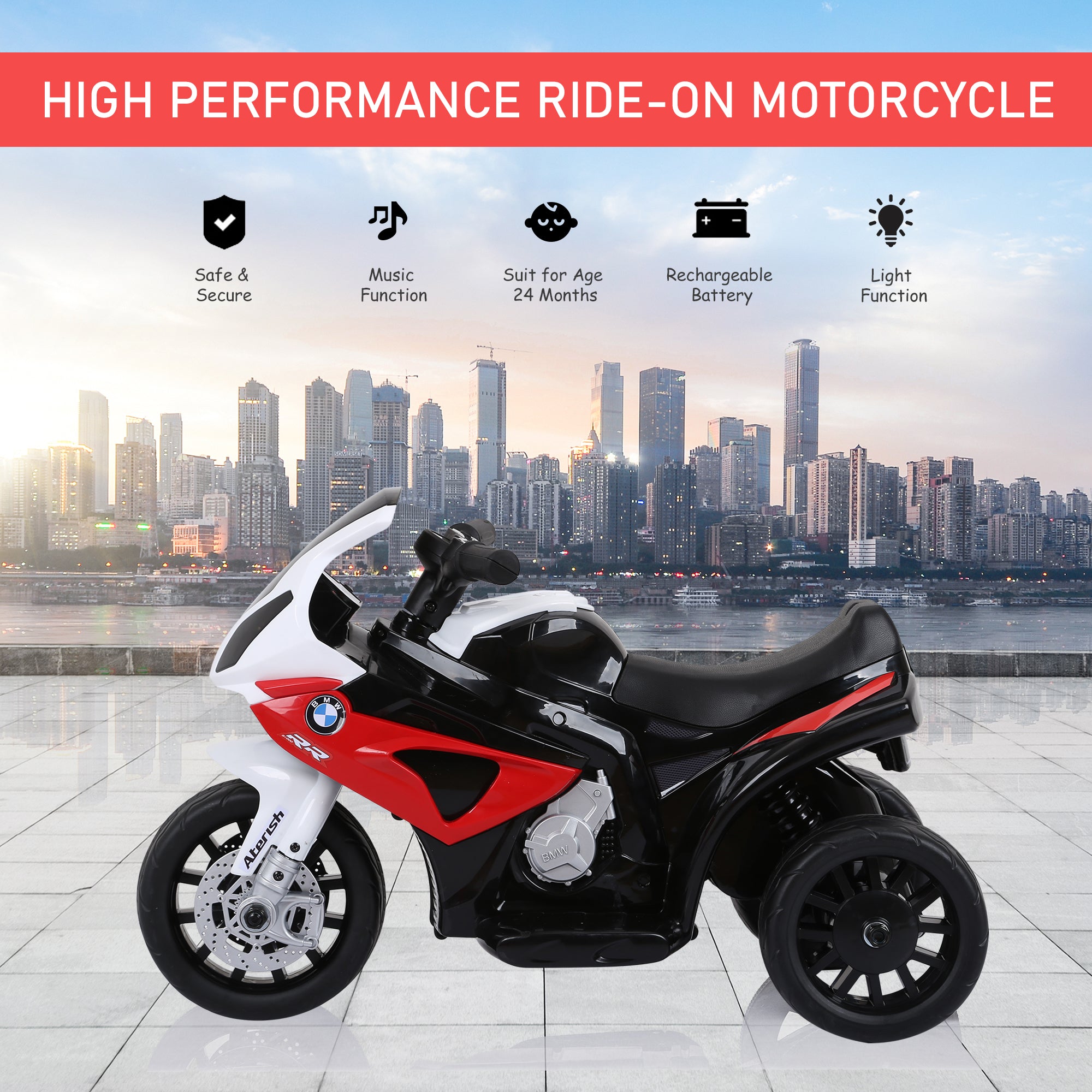 6V 3 Wheeled Electric Motorcycle, Kids Motorcycle Licensed BMW with Headlight, Music, Red