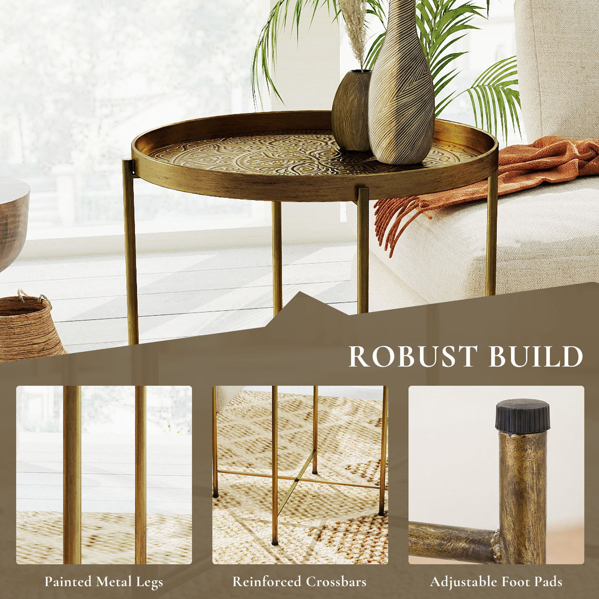 Coffee Table for Living Room, 18" Round Center Table with Hammered Tray Top and Metal Frame for Bedroom, Gold