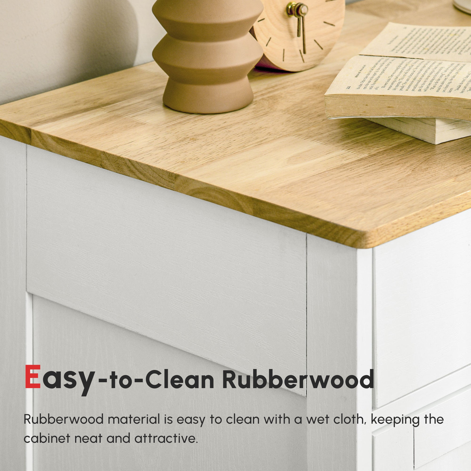 Kitchen Storage Cabinet, Sideboard Floor Cupboard with Solid Wood Top, Adjustable Shelf, and 2 Drawers, Distressed White