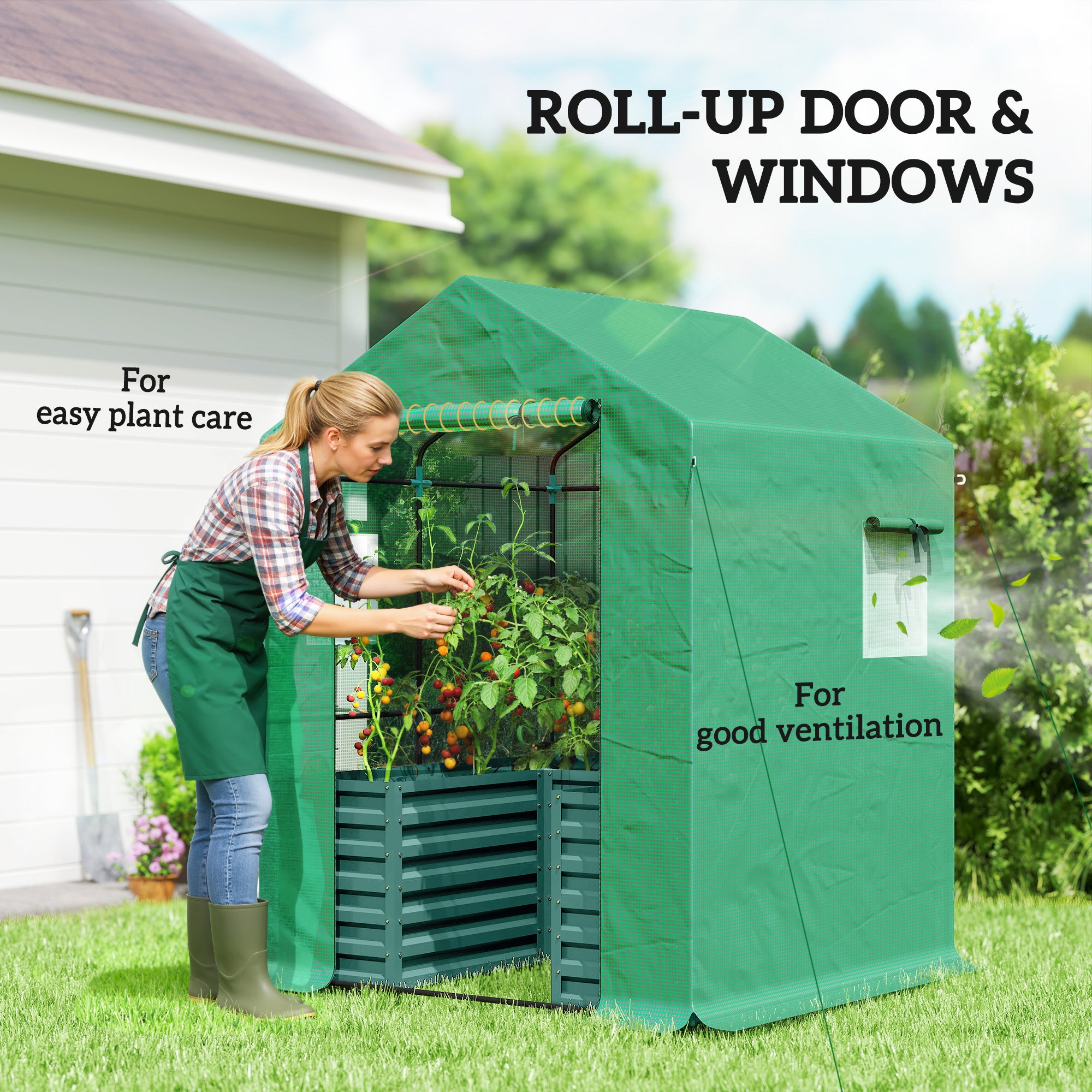 Greenhouse with Raised Garden Bed, Galvanized Steel Outdoor Greenhouse with Roll Up Door, 56" x 56" x 75", Green - Green - Image 7