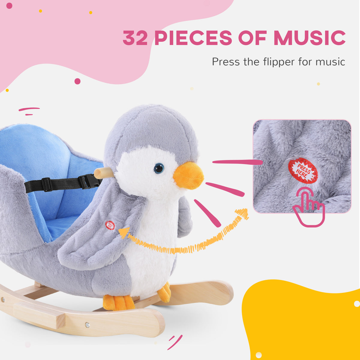 Baby Rocking Horse Gray Penguin, Kid Ride On Toy for 18 Months+, with Music, Seat Belt, for Boys and Girls Gift, Gray
