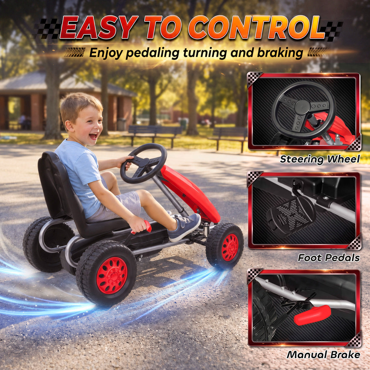 Lightweight Pedal Go Kart with Steering Wheel, Go Cart Ride on Toy with Adjustable Seat for 3+ Years, Red