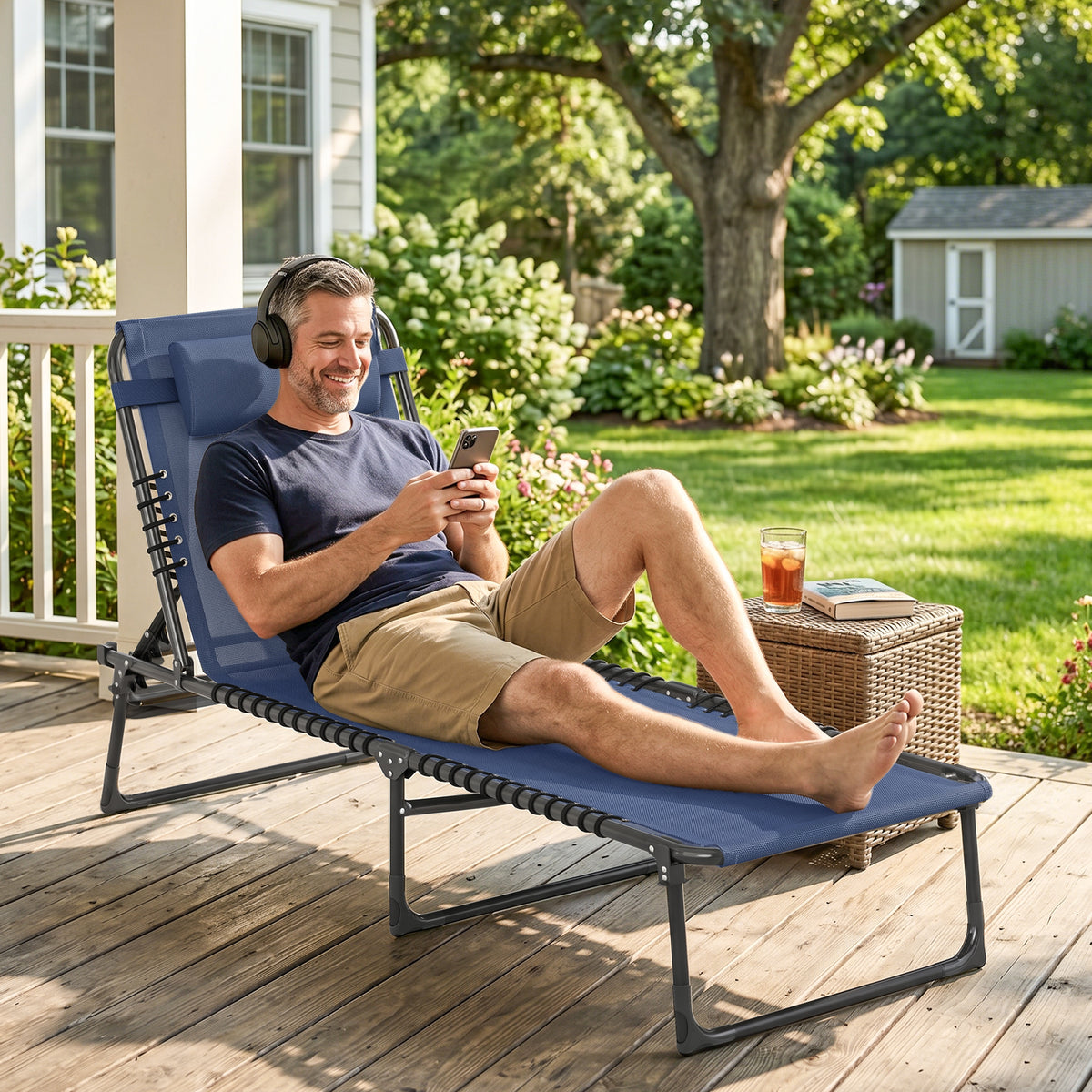 Folding Chaise Lounge Pool Chair with 4-Position Reclining Back, Pillow, Breathable Mesh & Bungee Seat, Dark Blue