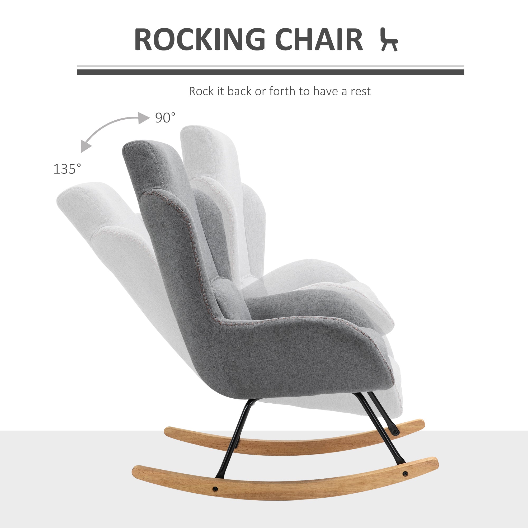 Modern Rocking Chair with Removable Lumbar Pillow Fabric Sofa Armchair with Thick Padding, Metal Frame, Wood Base for Living Room, Light Gray