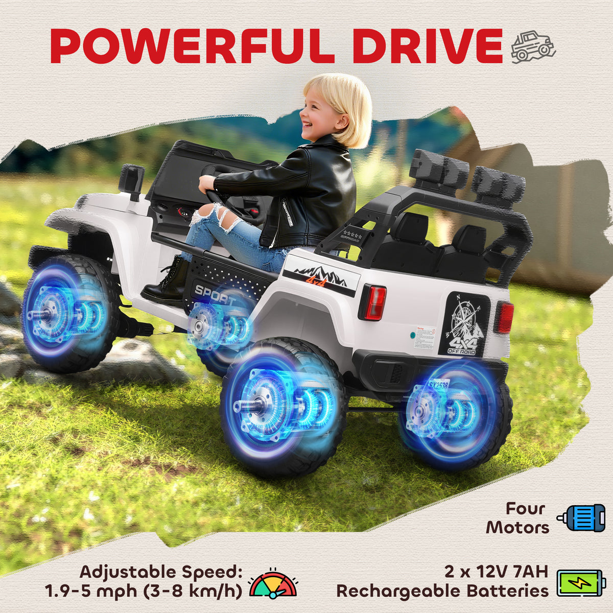 Qaba Ride on Truck Car with 2-Seater, 24V Electric Car with 4 Motors, Remote Control, Spring Suspension for 3-8 Years, White