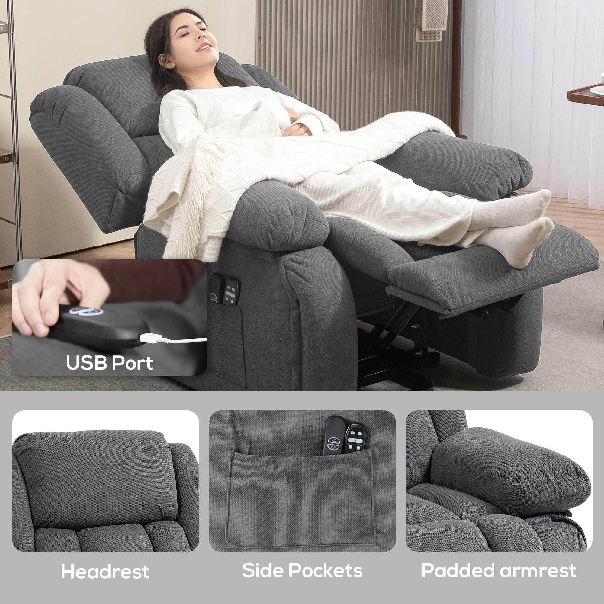 Overstuffed Power Lift Recliner Chair with Vibration Massage and Heat, Side Pockets, Pocket Spring, for Adults, Gray