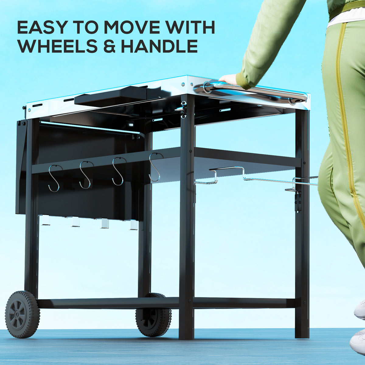 Outdoor Bar Cart Grill Table with Stainless Steel Tabletop, Wheeled Outdoor Serving Cart Prep Table with Storage, Hooks