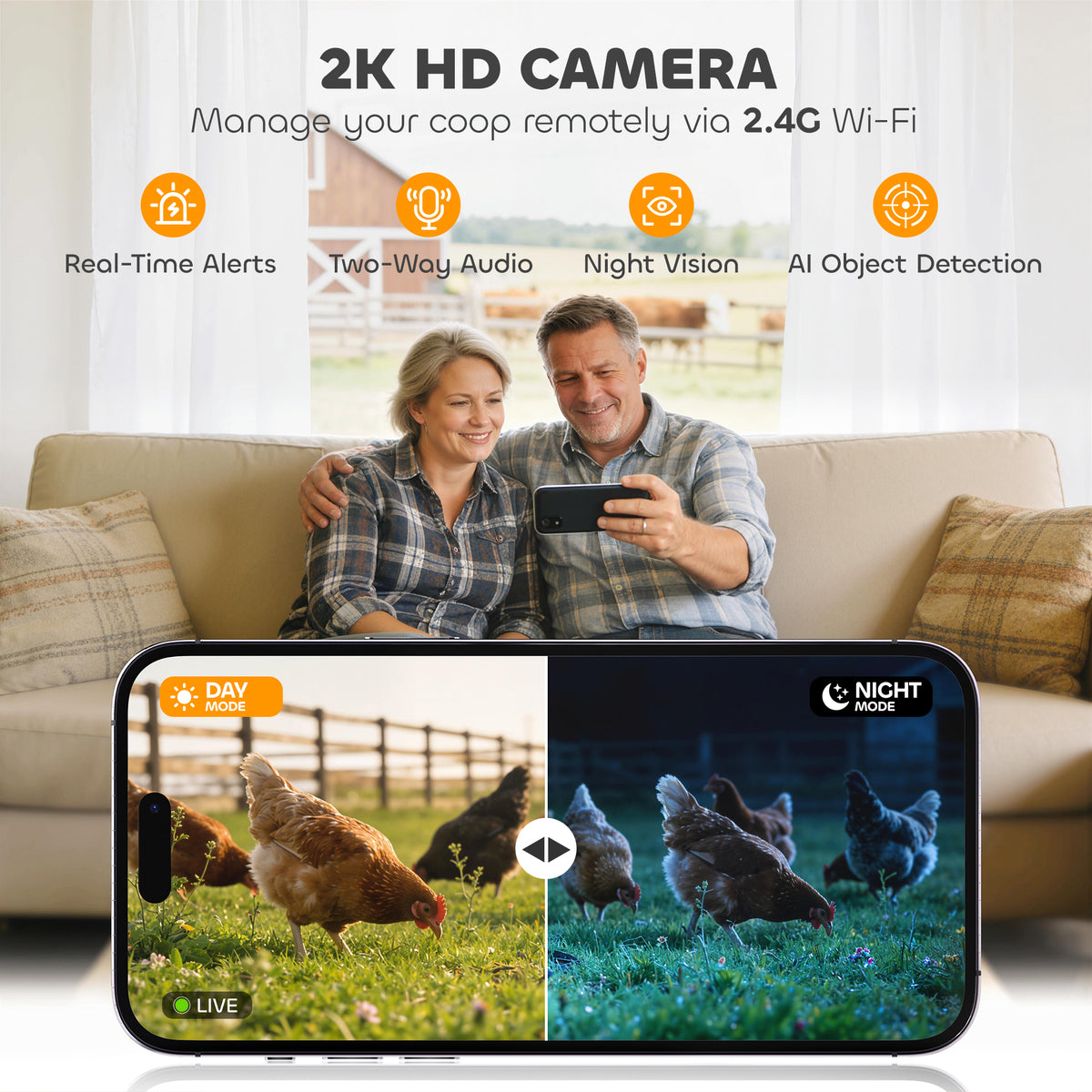 2K HD AI Camera Automatic Chicken Coop Door with APP Remote Control, WiFi Solar Powered with 5200 mAh Large Battery