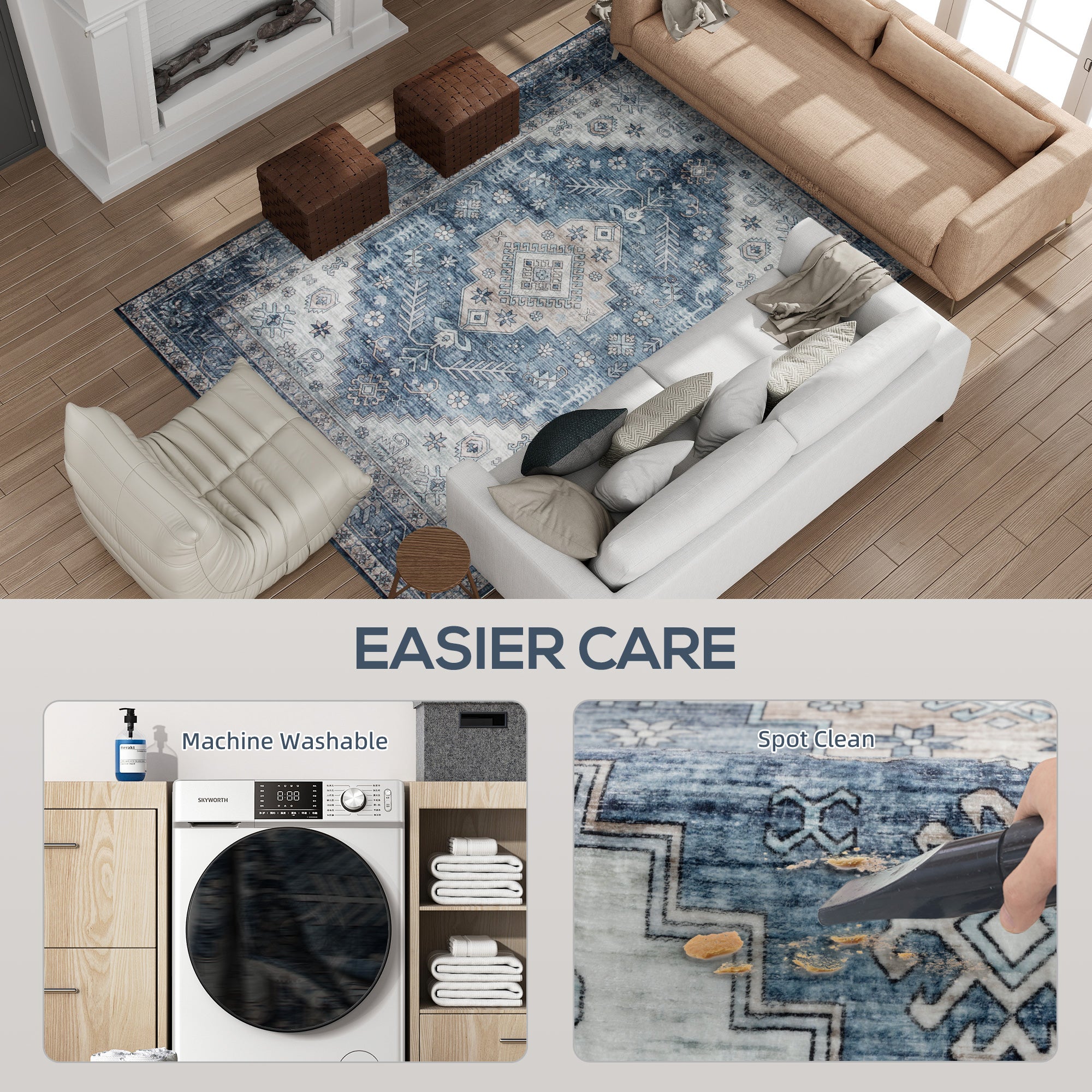 5x7 Area Rug, Vintage Washable Rug, Non-Slip Floor Carpet for Living Room, Bedroom, Dining Room, Blue