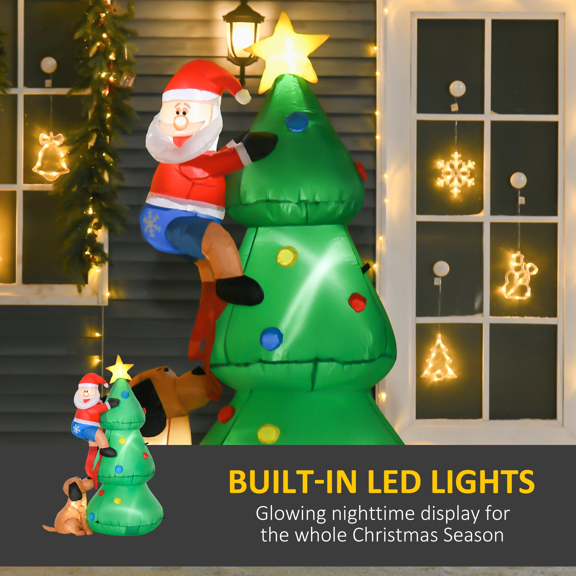 Inflatable Christmas Tree Decorations with Santa Claus annd Puppy Dog with LED, Outdoors Christmas Decor for Yard, Lawn