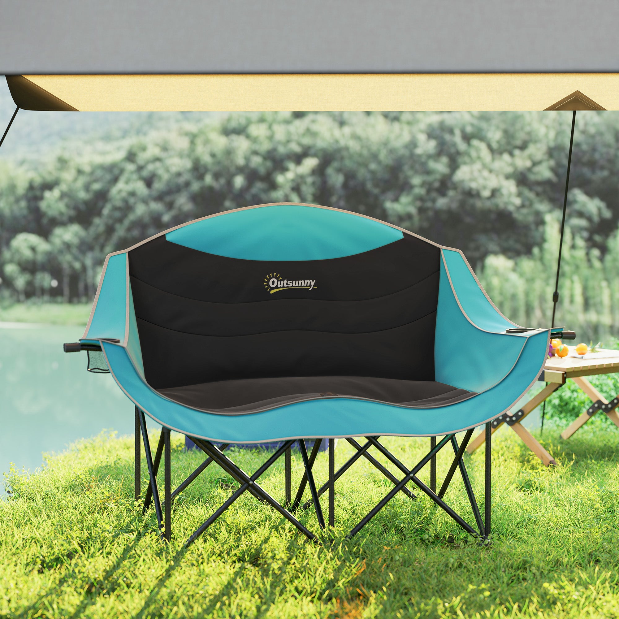 Padded Folding Camp Chair for Adults, Double Camping Chair with Armrests, Cup Holders, Carry Bag for Outdoor, Green