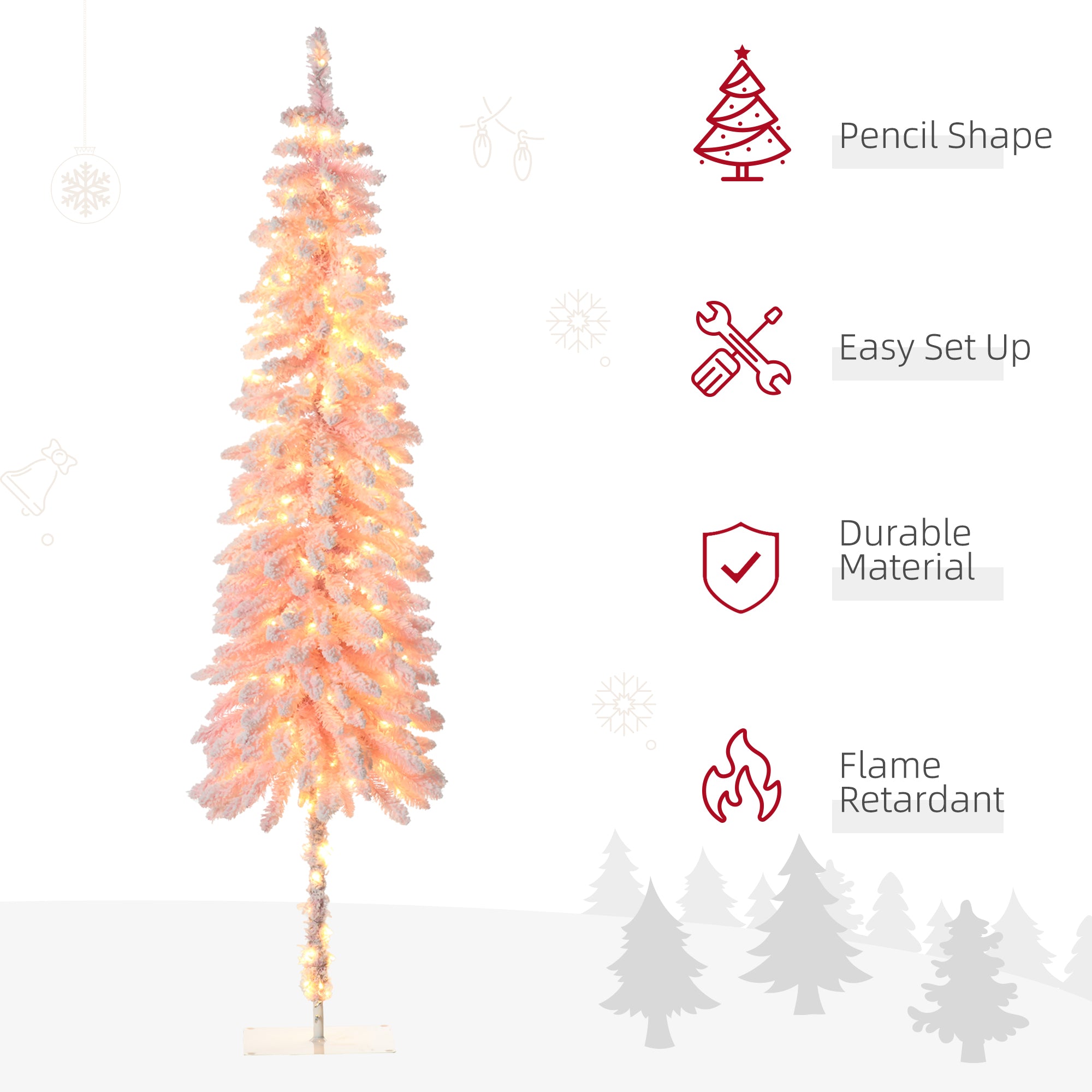 7' Flocked Christmas Trees, Pencil Prelit Artificial Christmas Tree with Snow Downswept Branches, Pink