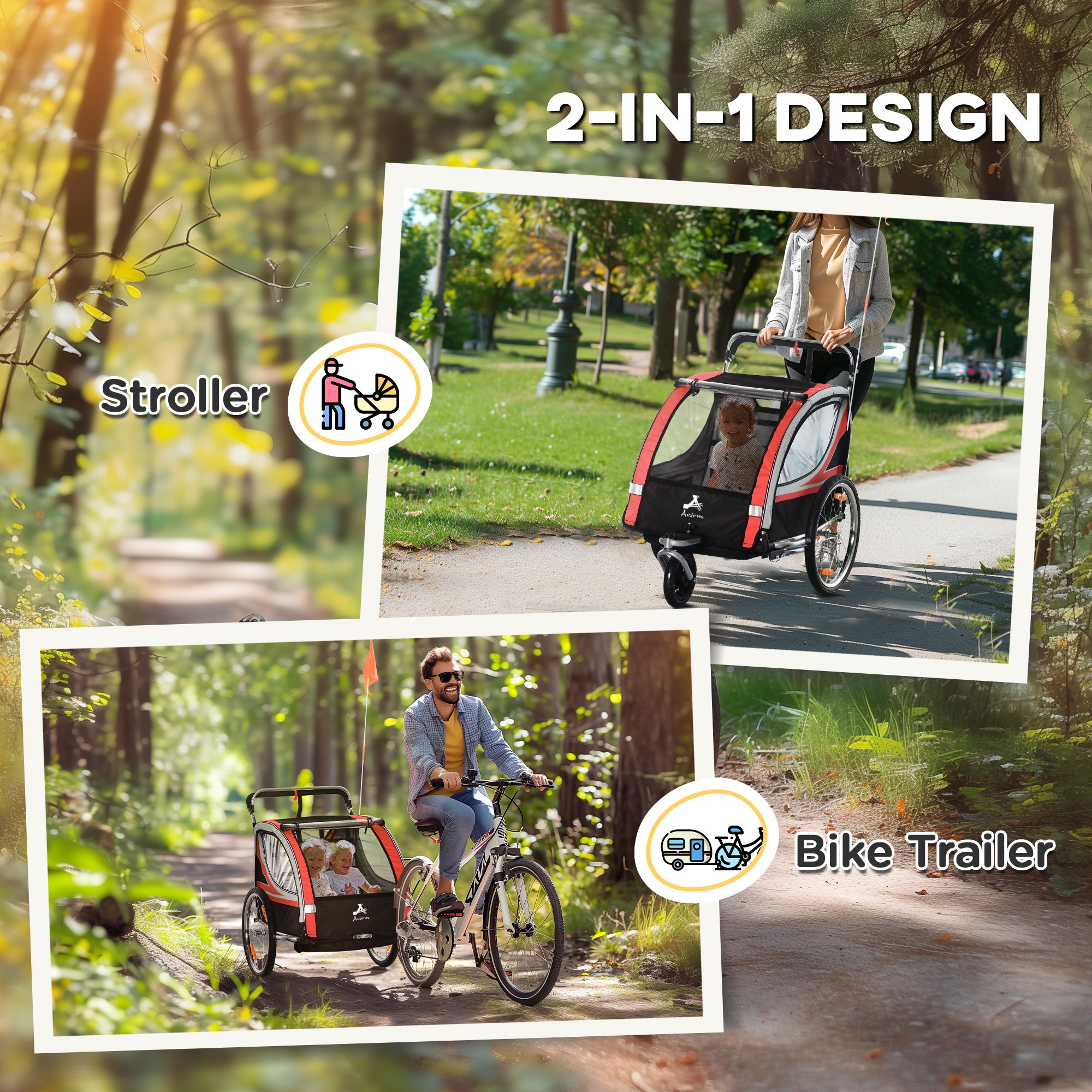 2-in-1 Walk/Ride Child Baby Bike Trailer for Kids 2 Seater, High-Visibility Bike Stroller for Toddler Wagon, Weather-Strong Double Bicycle Trailer Accessory, Red