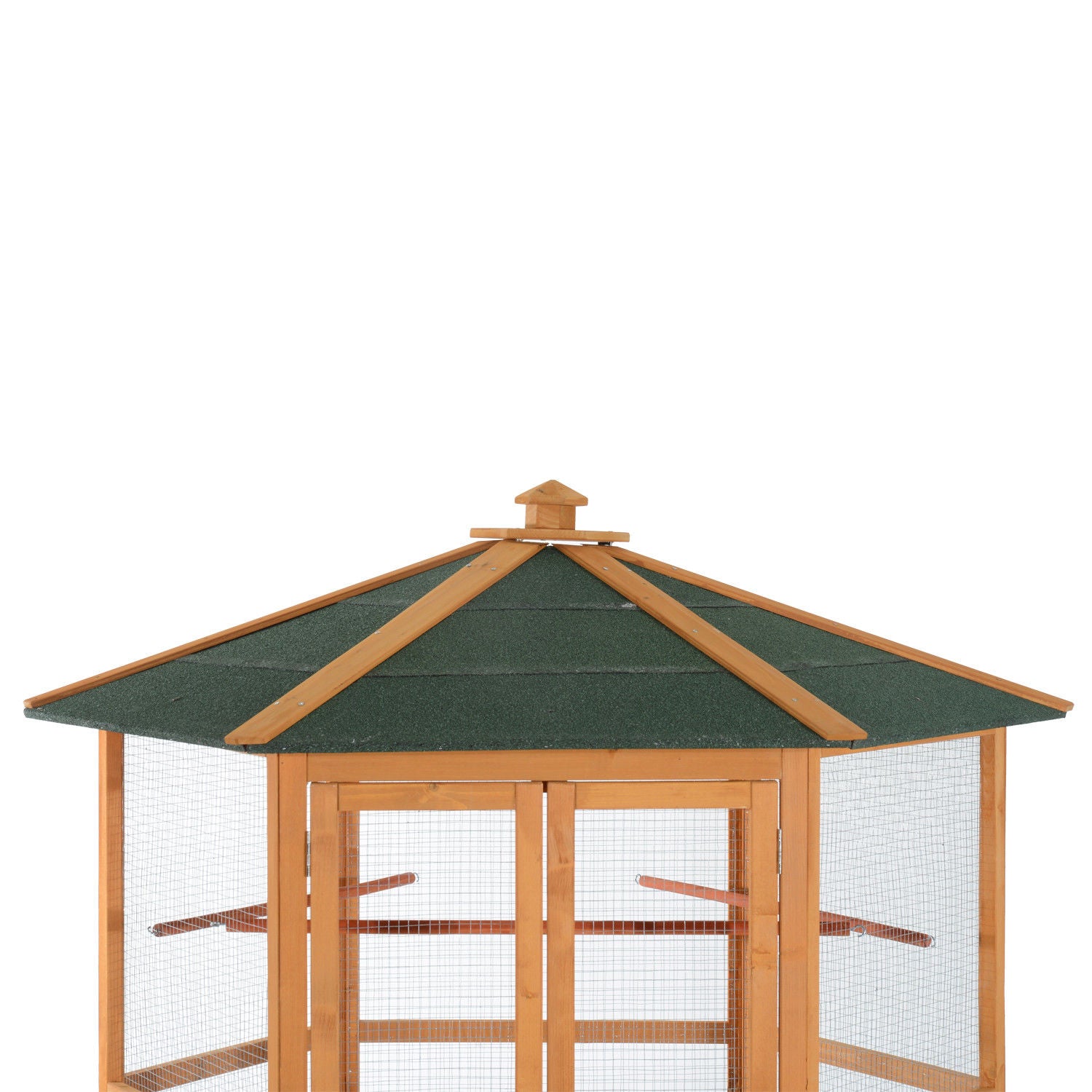 69" Wooden Hexagonal Outdoor Aviary Flight Bird Cage With Covered Roof, Brown - Brown - Image 5