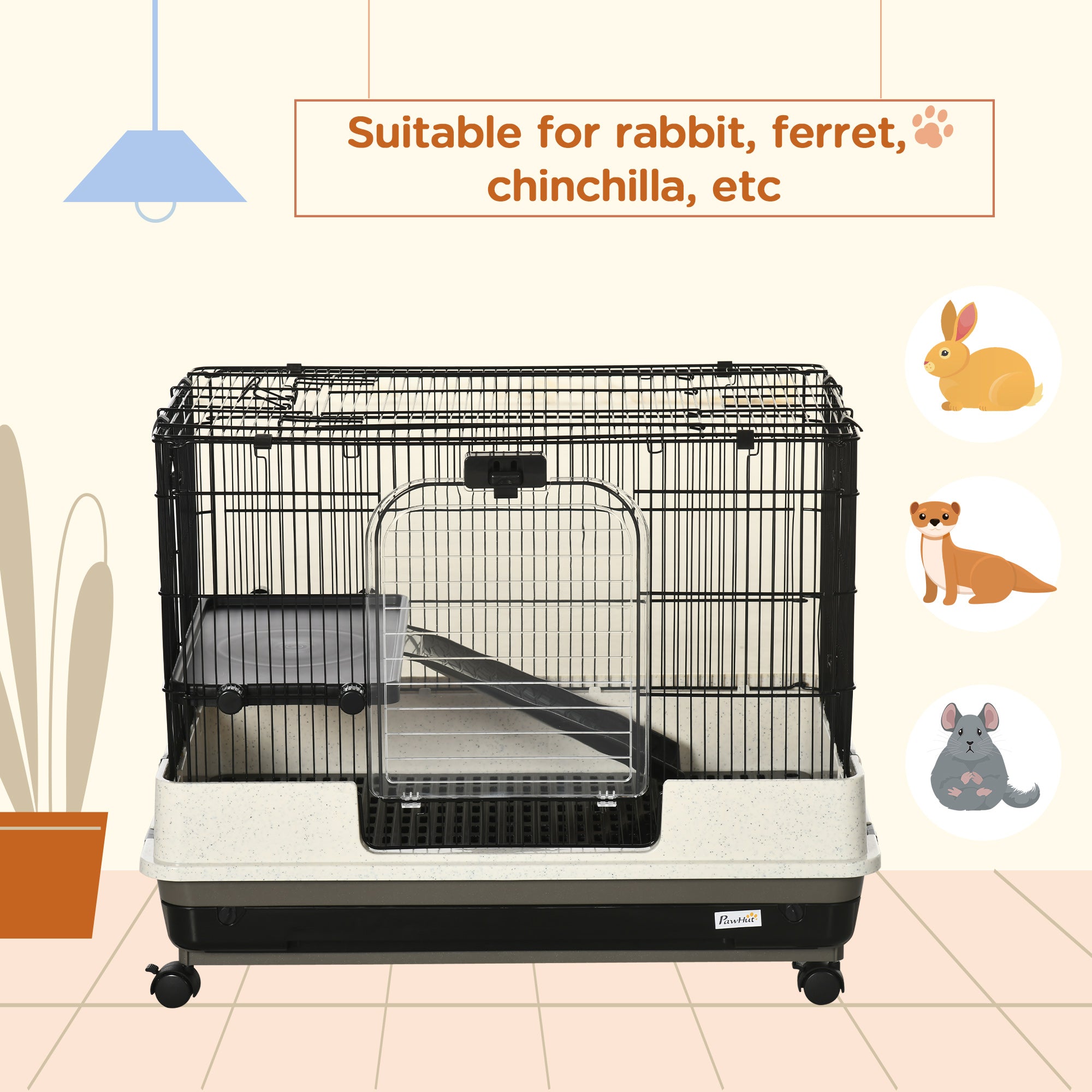 2-tier Compact Platform Rolling Small Animal Rabbit Cage for Hamsters, Chinchillas & Gerbils with a Large Living Space - Black and White - Image 5