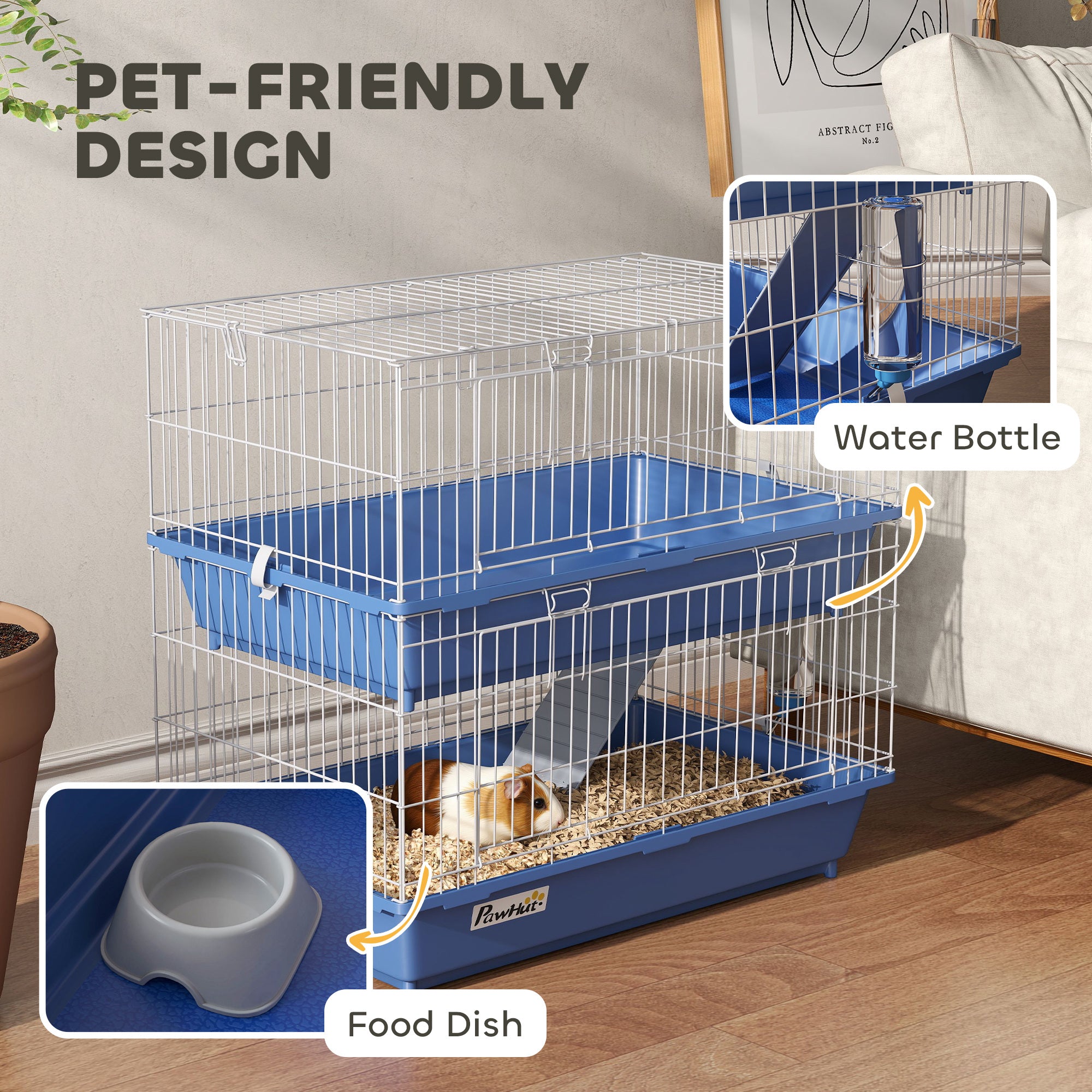 2-Tier Guinea Pig Cage, Ferret Cage, Chinchilla Cage, Small Animal Cage Indoor with Dish and Bottle, 2 Doors, Deep Bottoms, Ramp, 28", Blue - Blue - Image 5