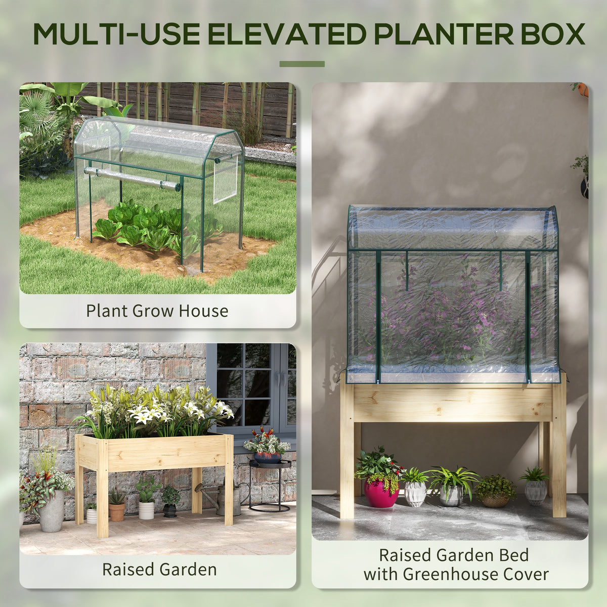 Raised Garden Bed with Plastic Greenhouse Cover Outdoor Planter Box for Herbs and Vegetables, 45x24x65 inch Natural