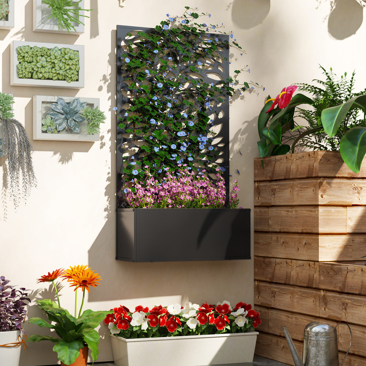 Metal Garden Bed with Trellis for Climbing Plants, Freestanding or Wall Mounted Flower Bed for Garden, Patio, Balcony