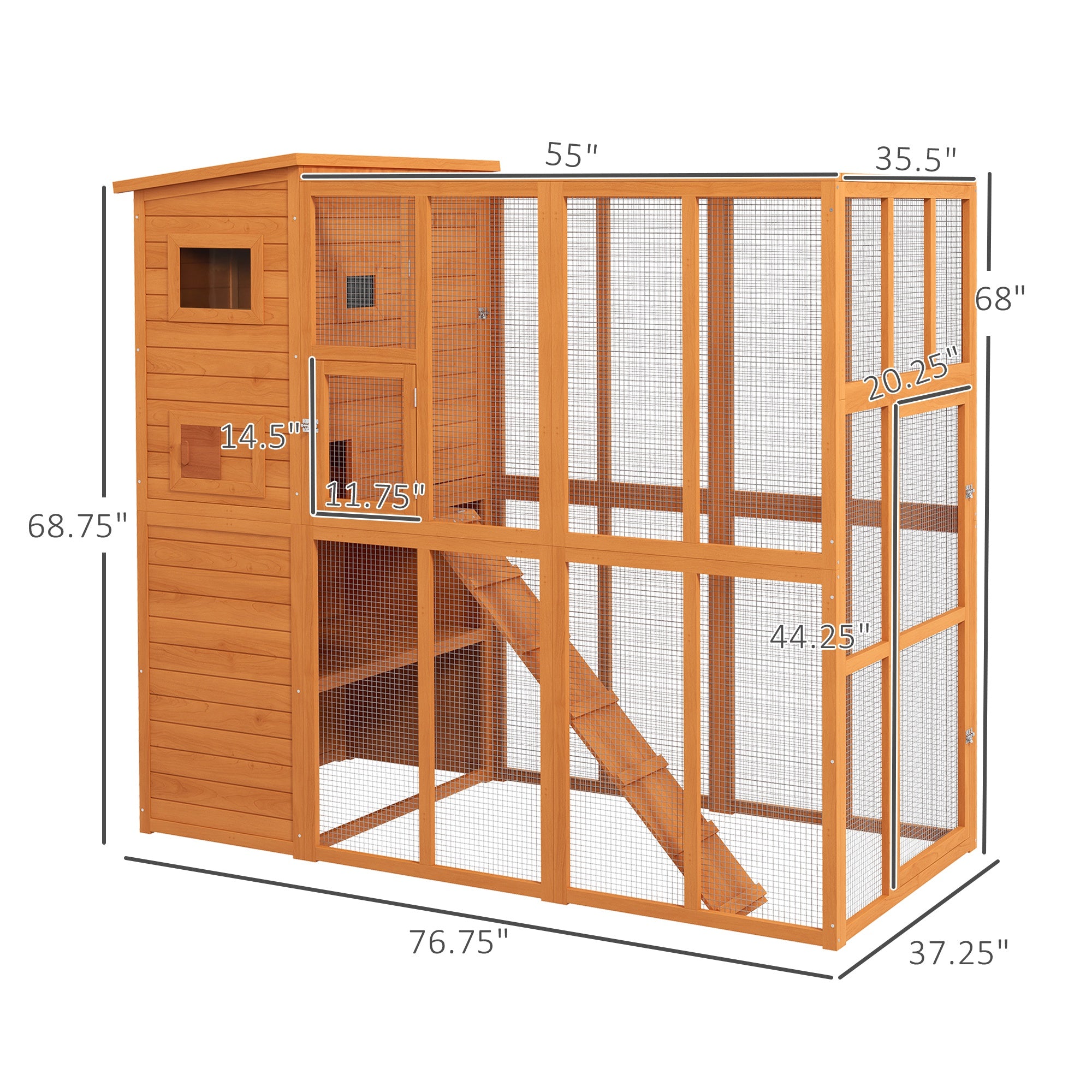 Wooden Outdoor Catio with Platforms, Asphalt Roof, Ramps, Natural - Orange - Image 3