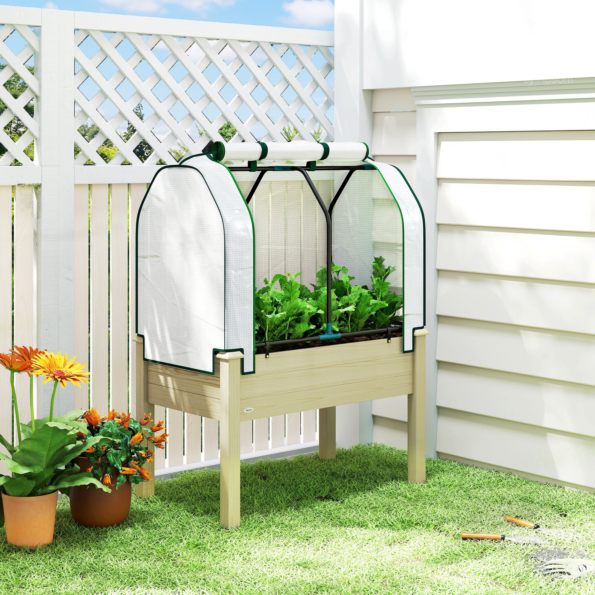 Raised Garden Bed with PE Greenhouse Cover Outdoor Planter Box for Herbs and Vegetables, 35 x 22 x 47 inch, Natural - Natural Wood - Image 2