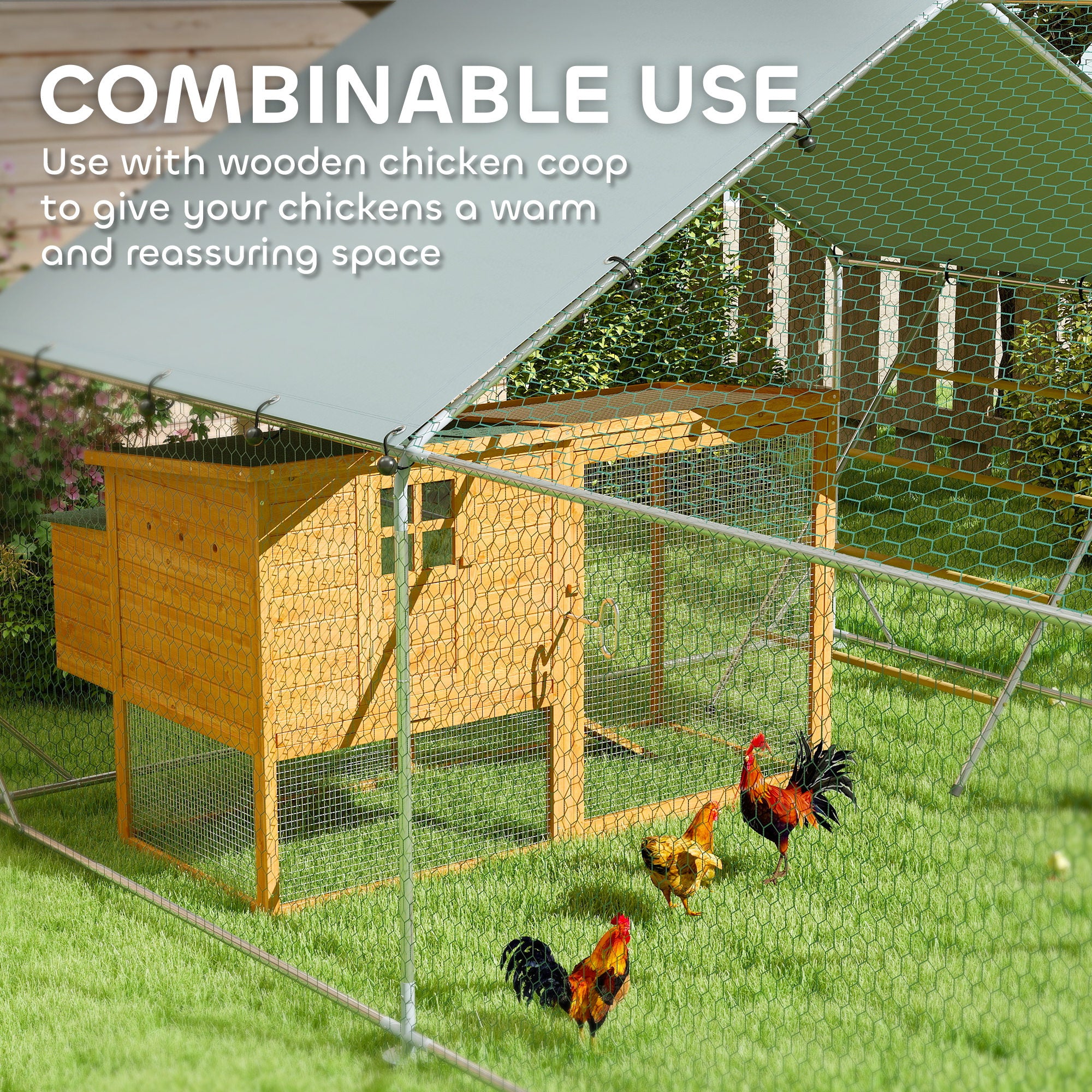 Metal Chicken Run w/ Waterproof & Anti-UV Cover, Feeding Door, Hanging Feeder, for 24-30 Chickens, 9.8' x 26.2' x 6.4' - Silver - Image 8