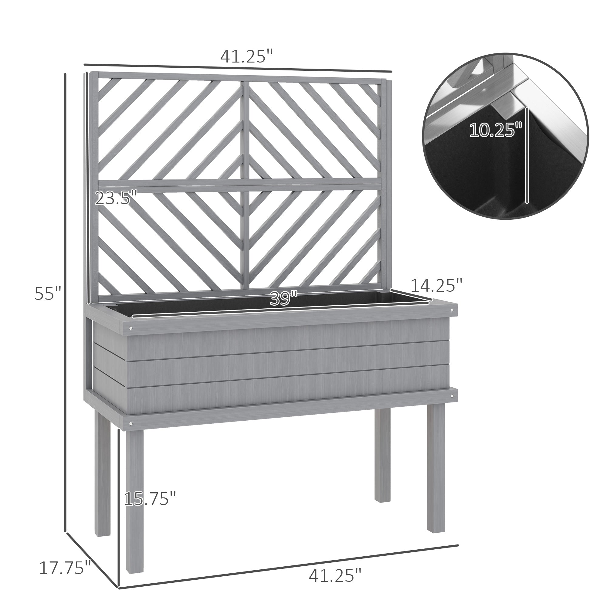 Elevated Wood Planter with Trellis for Climbing Plants, Raised Garden Bed with Legs and Drainage Holes, Gray - Gray - Image 3