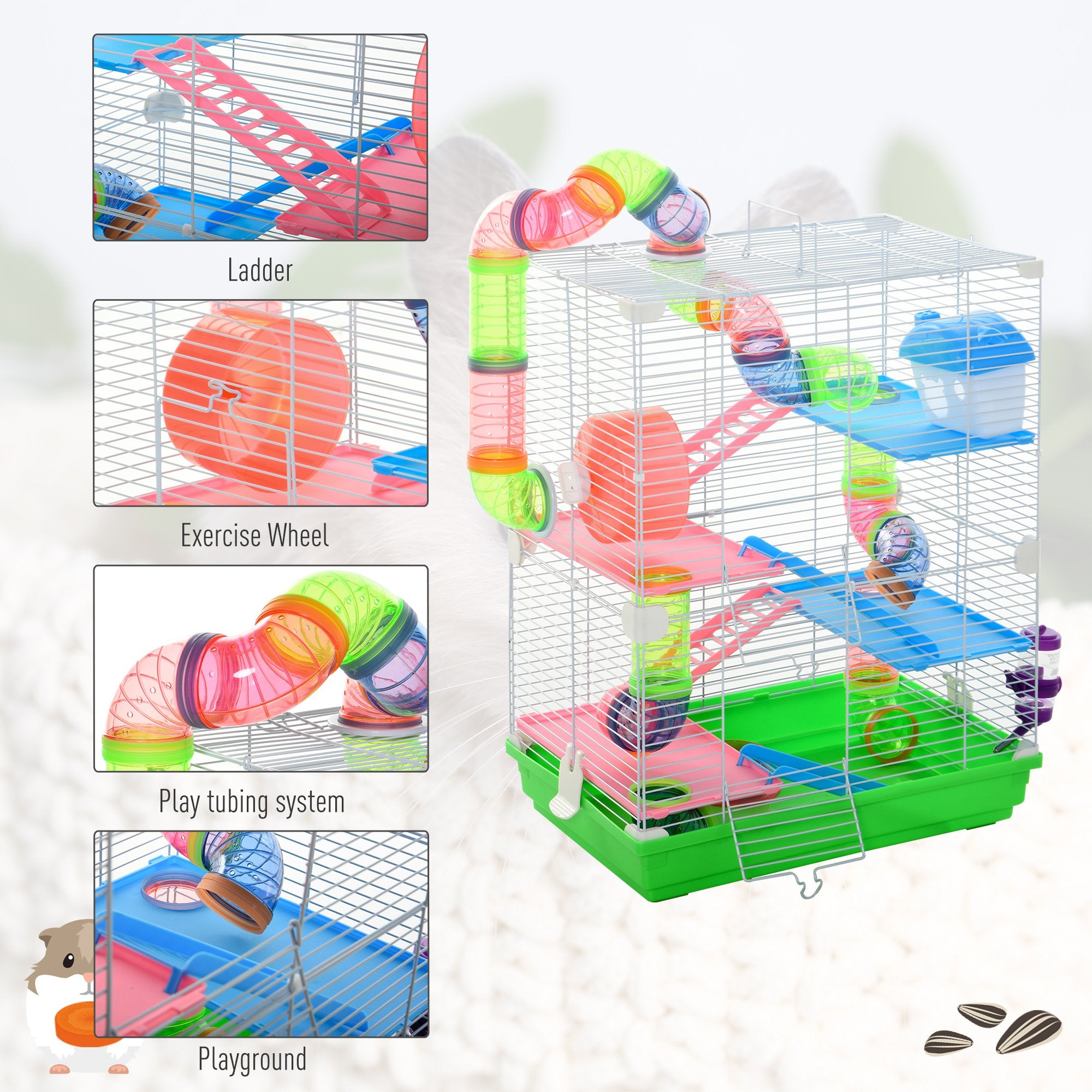5 Tiers Hamster Cage Portable Animal Travel Carrier w/ Exercise Wheels Tube - Green - Image 6