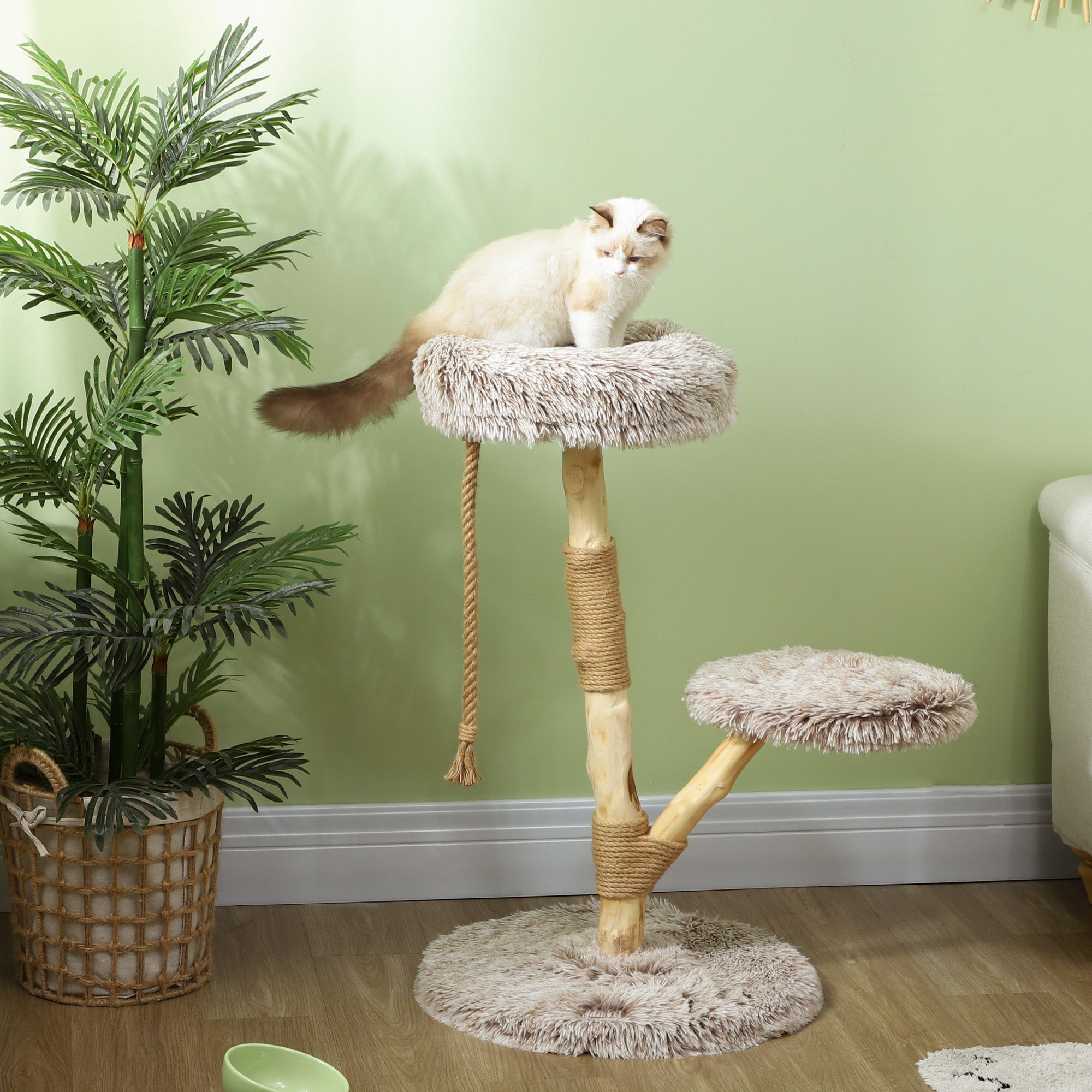35 Inch Modern Cat Tree for Indoor Adult Cats with Wooden Scratching Posts, Cat Bed & Rope Cat Toy, Brown - Brown - Image 2