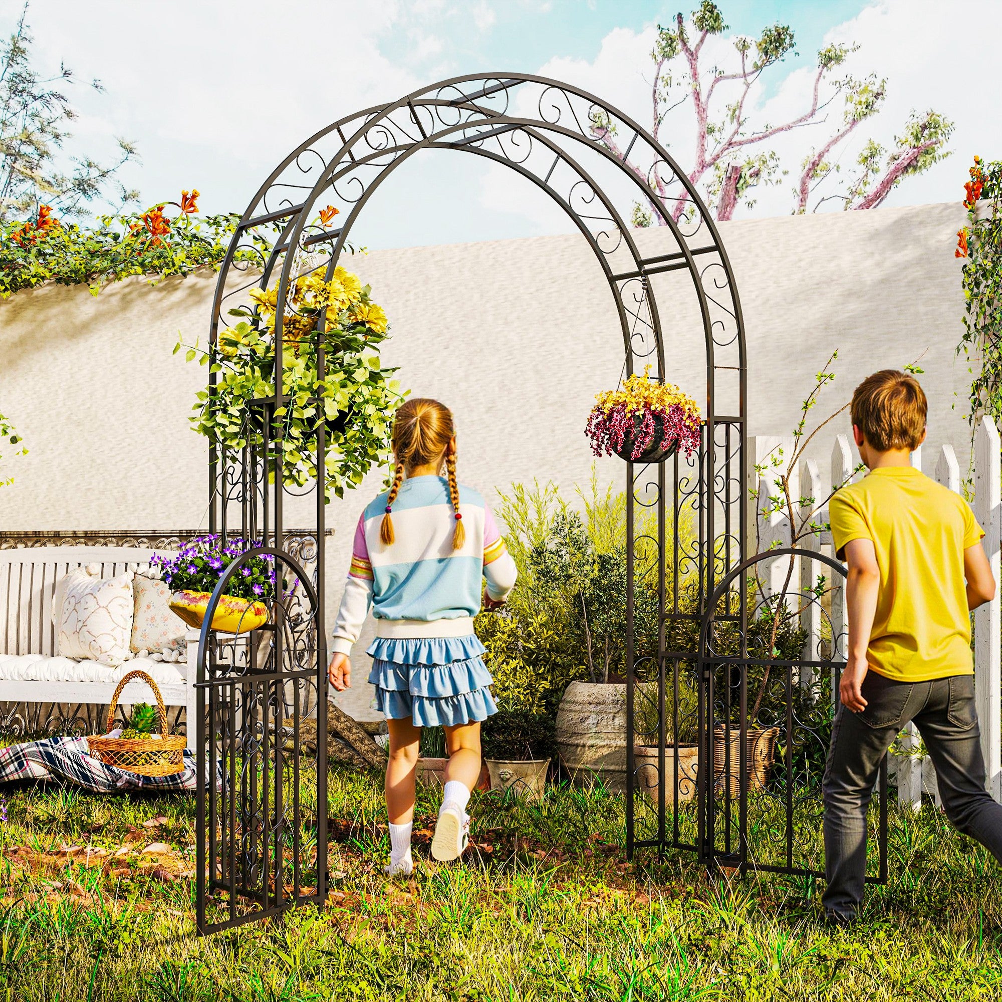 7.4ft Steel Garden Arch with Gate, Garden Arbor Trellis for Climbing Plants, Roses, Vines, Wedding Arch Stand for Outdoor, Garden, Lawn, Backyard, Black - Black - Image 8