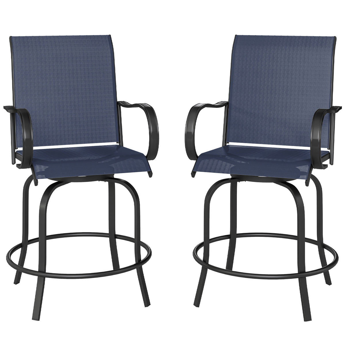 Outdoor Bar Stools Set of 2, 360° Swivel Bar Height Chairs, 26.75" x 29.5" x 48.5", Navy Blue