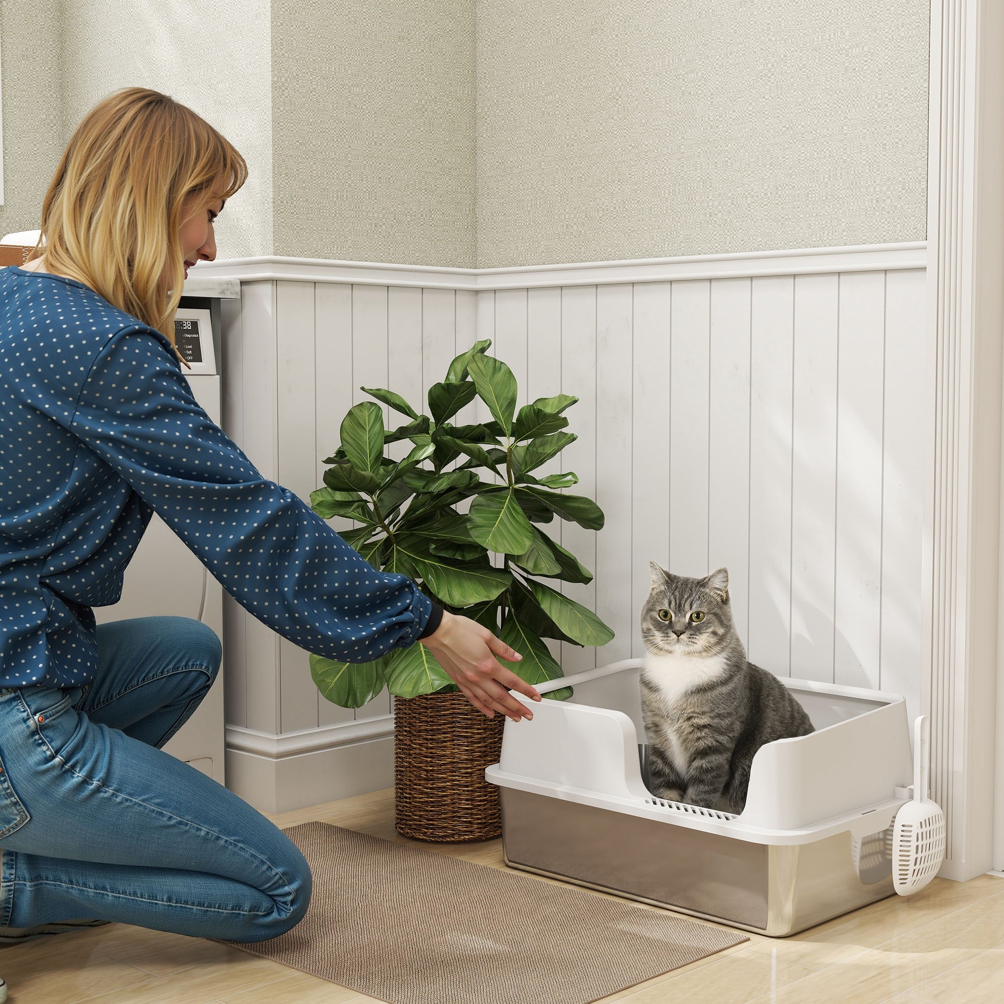 Stainless Steel Litter Box with High Side, Scoop, Easy Cleaning & Anti-Urine Leakage, for Big Cats, Light Gray - Light Gray - Image 2