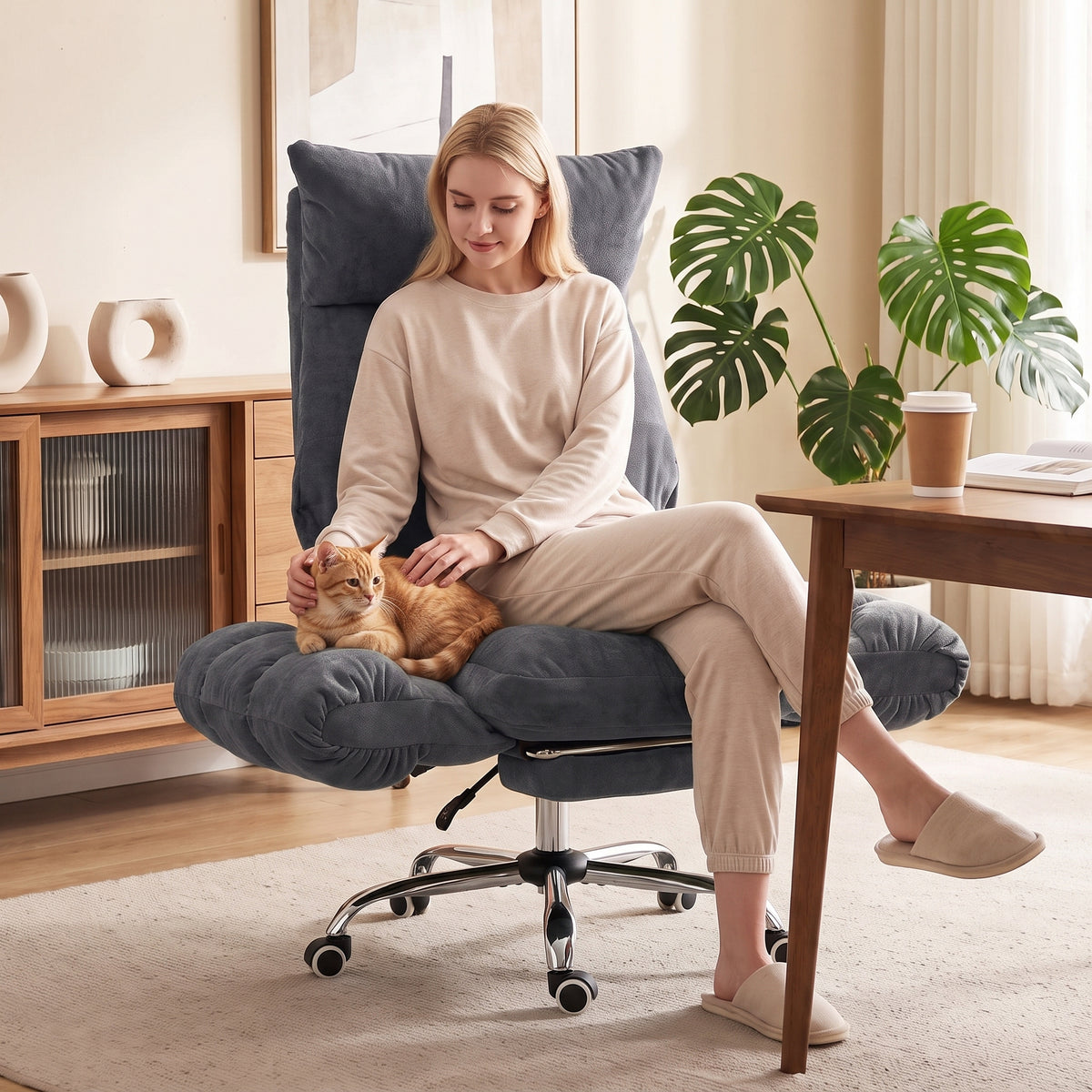 Criss Cross Office Chair with Flip-Up Armrests, Wide Seat, Reclining Cross Legged Desk Chair with Footrest, Dark Gray