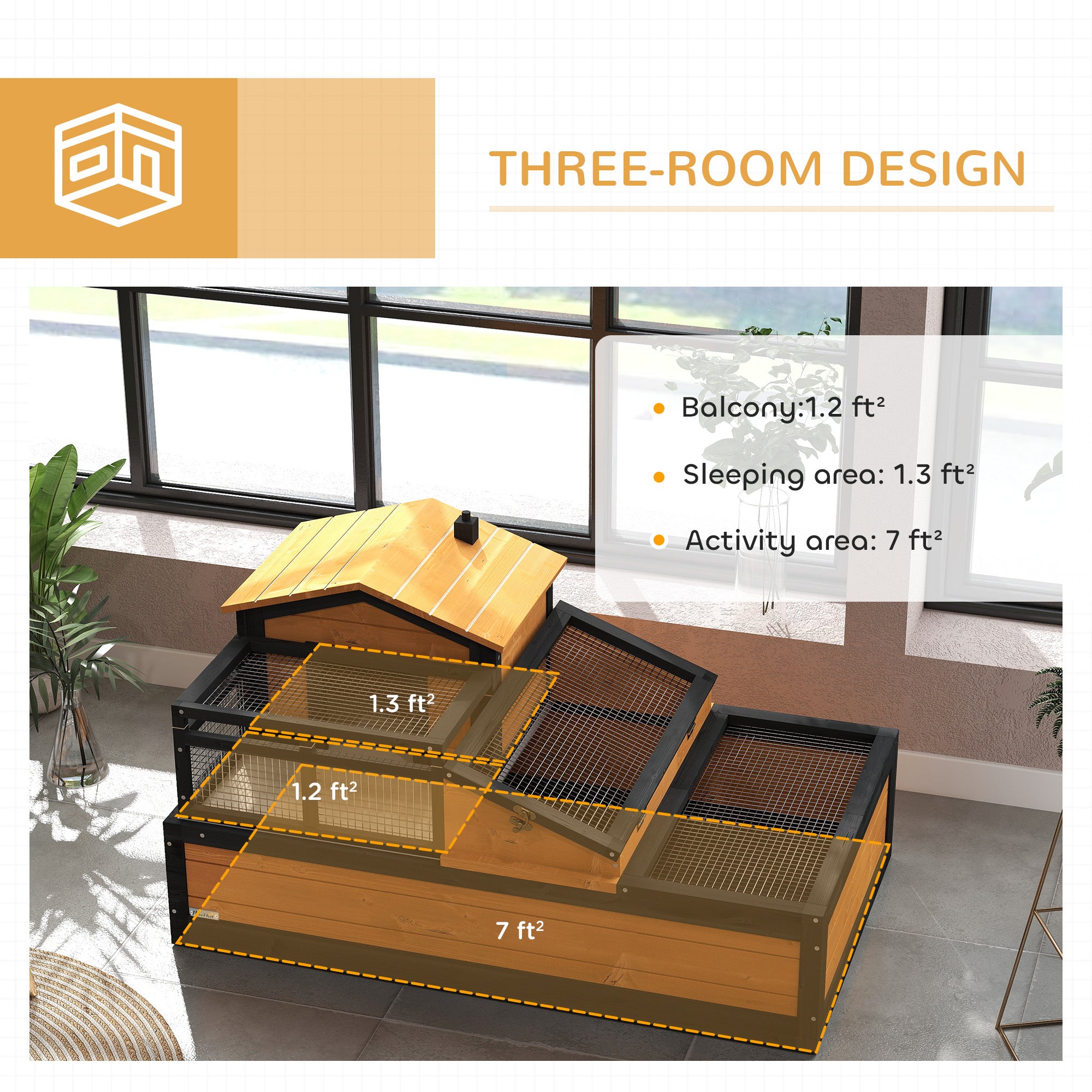 3-Room Tortoise Habitat House w/ Balcony & 2 Stories, 44" x 25.5" x 25", Yellow - Yellow - Image 4