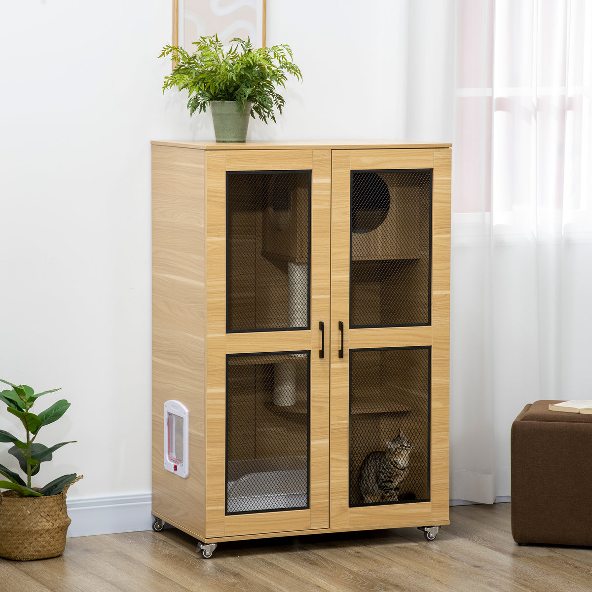 Luxury Cat House with Wheels, Kitty Cage Catio Villa for Indoor Cats with Scratching Posts, Condo, Flap Door, Cushion, Oak, 31.5" x 20" x 48.5"