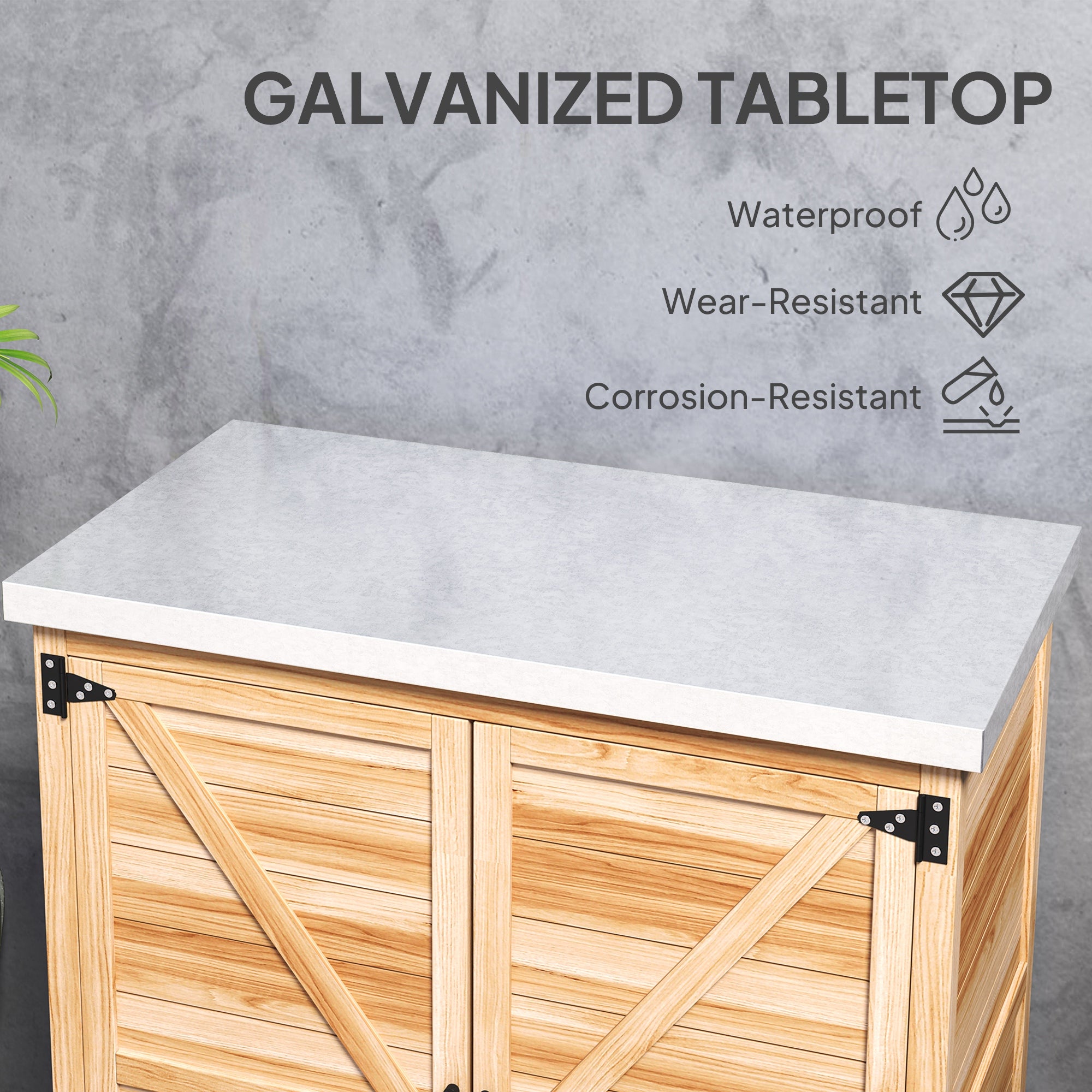Wooden Storage Cabinet, Outdoor Prep Table w/ Metal Tabletop, Shelves and Double Doors for Patio, Garden, Natural Wood - Natural Wood - Image 5