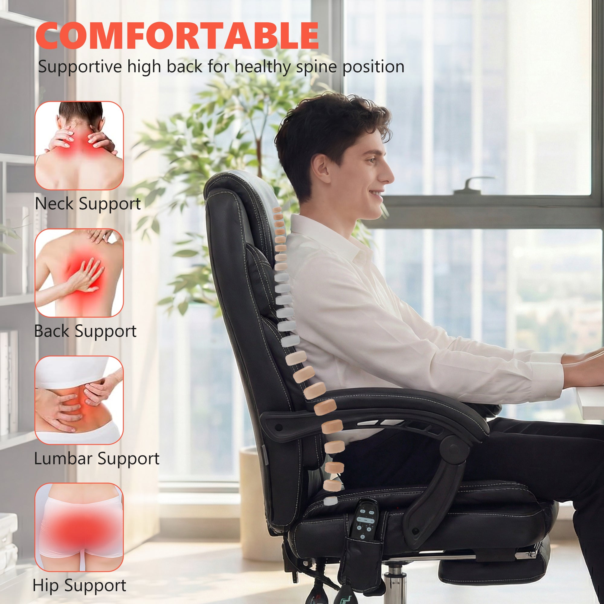 6 Point Vibration Massage Office Chair, PU Leather Heated Reclining Computer Chair with Footrest, Black