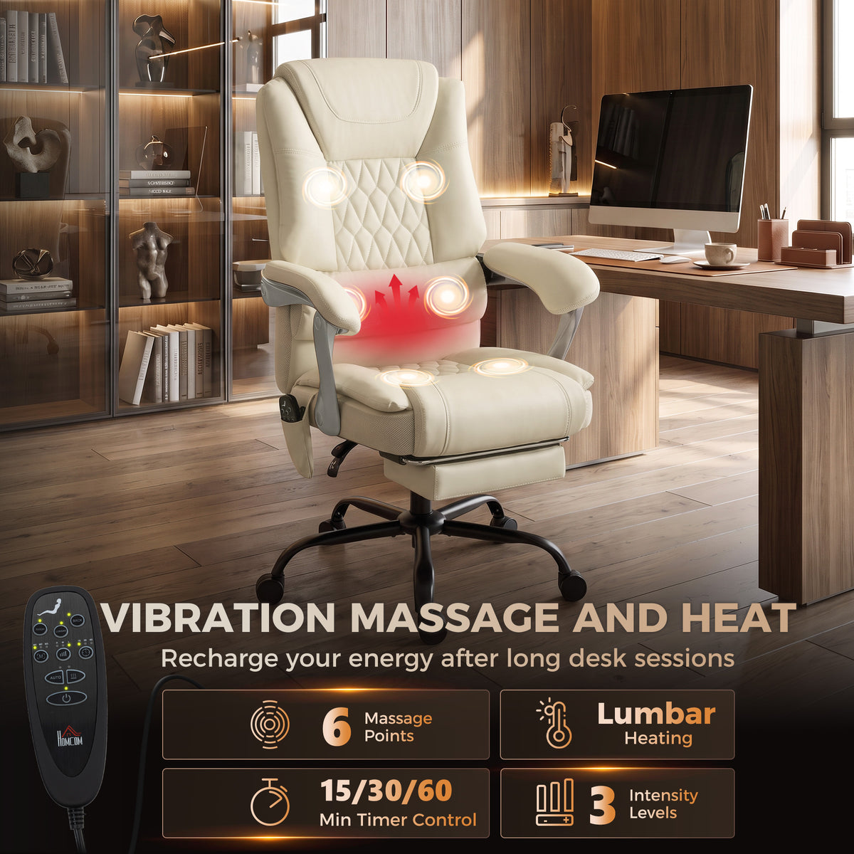 400lbs Massage Office Chair with Heat, Big and Tall Desk Chair, Lumbar Support, Reclining, Footrest, Beige