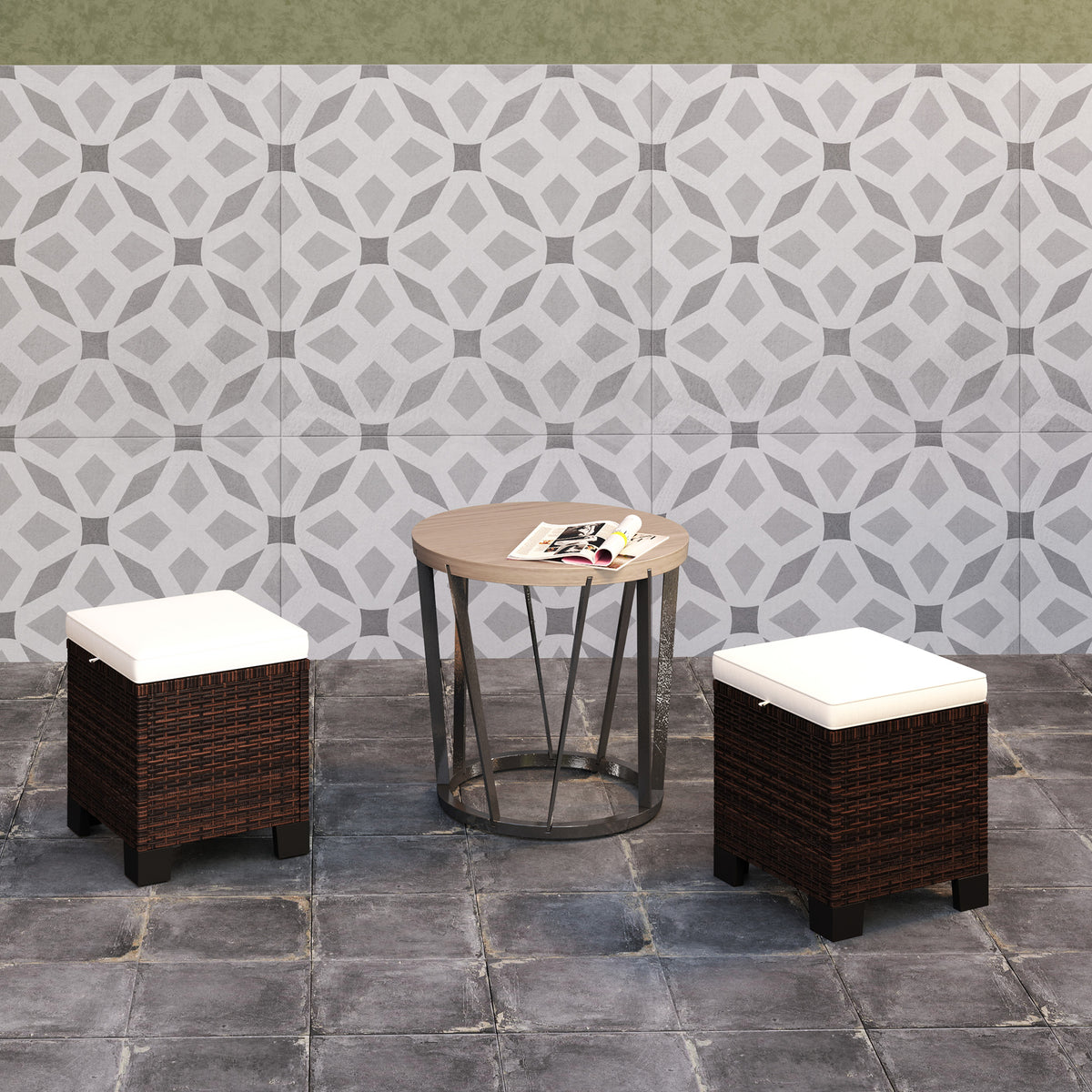 2 Piece Wicker Outdoor Ottomans with Cushions, Rattan Ottoman Footrest and Side Table for Patio, Yard, Poolside, Beige